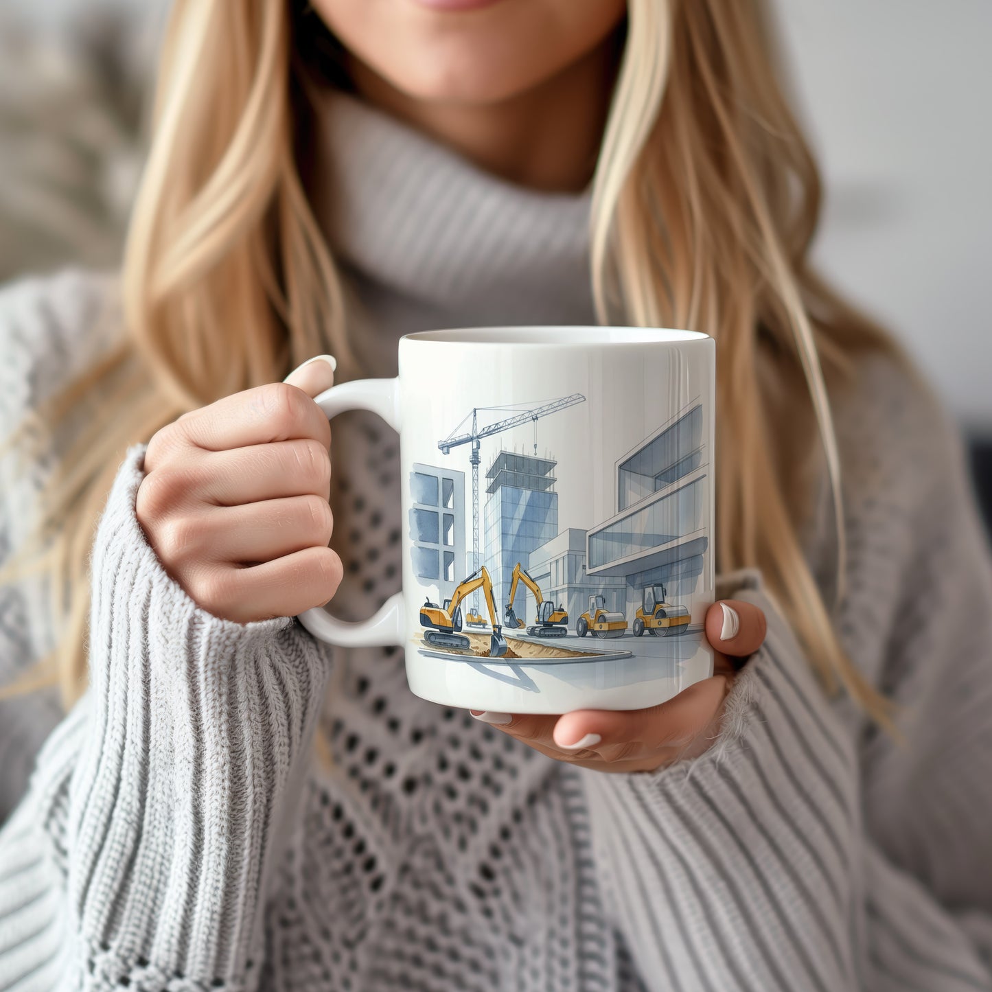 Hrnek s jeřábem na moderní stavbě