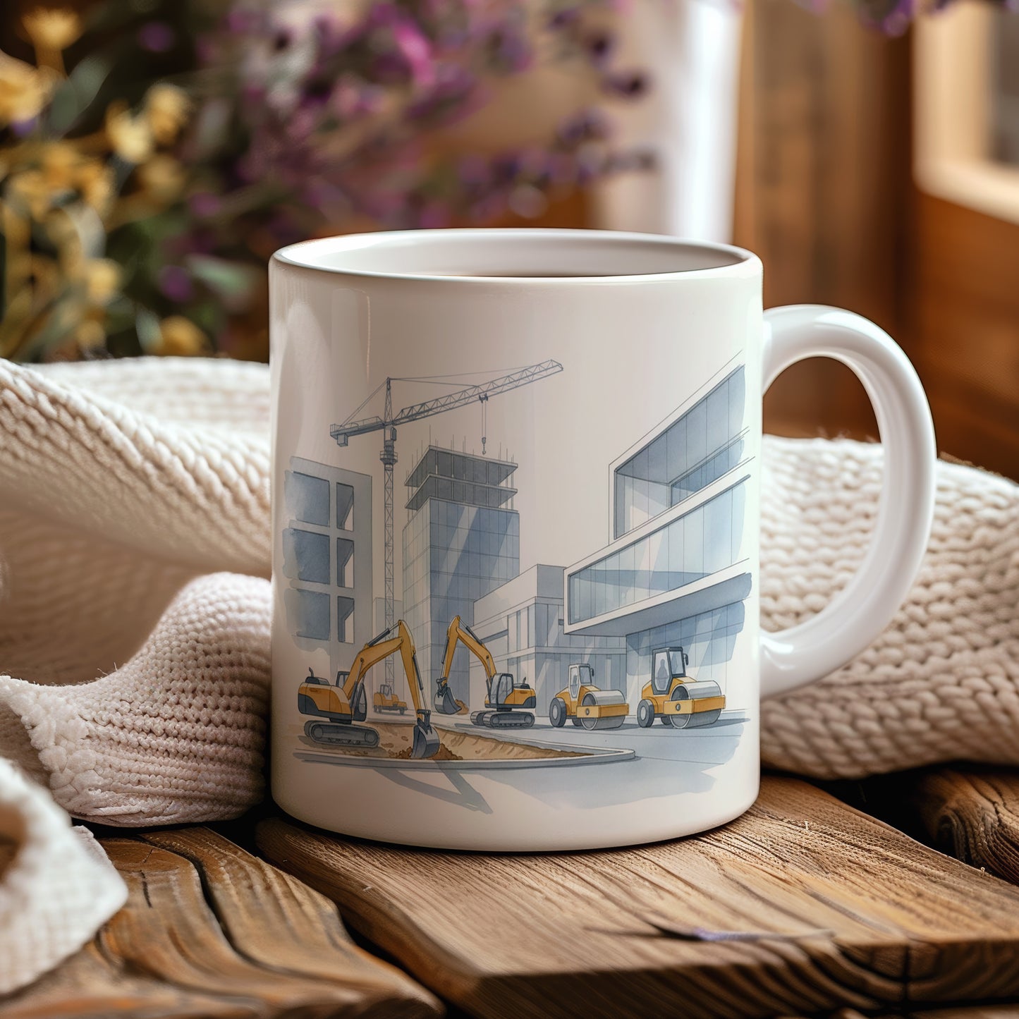 Hrnek s jeřábem na moderní stavbě