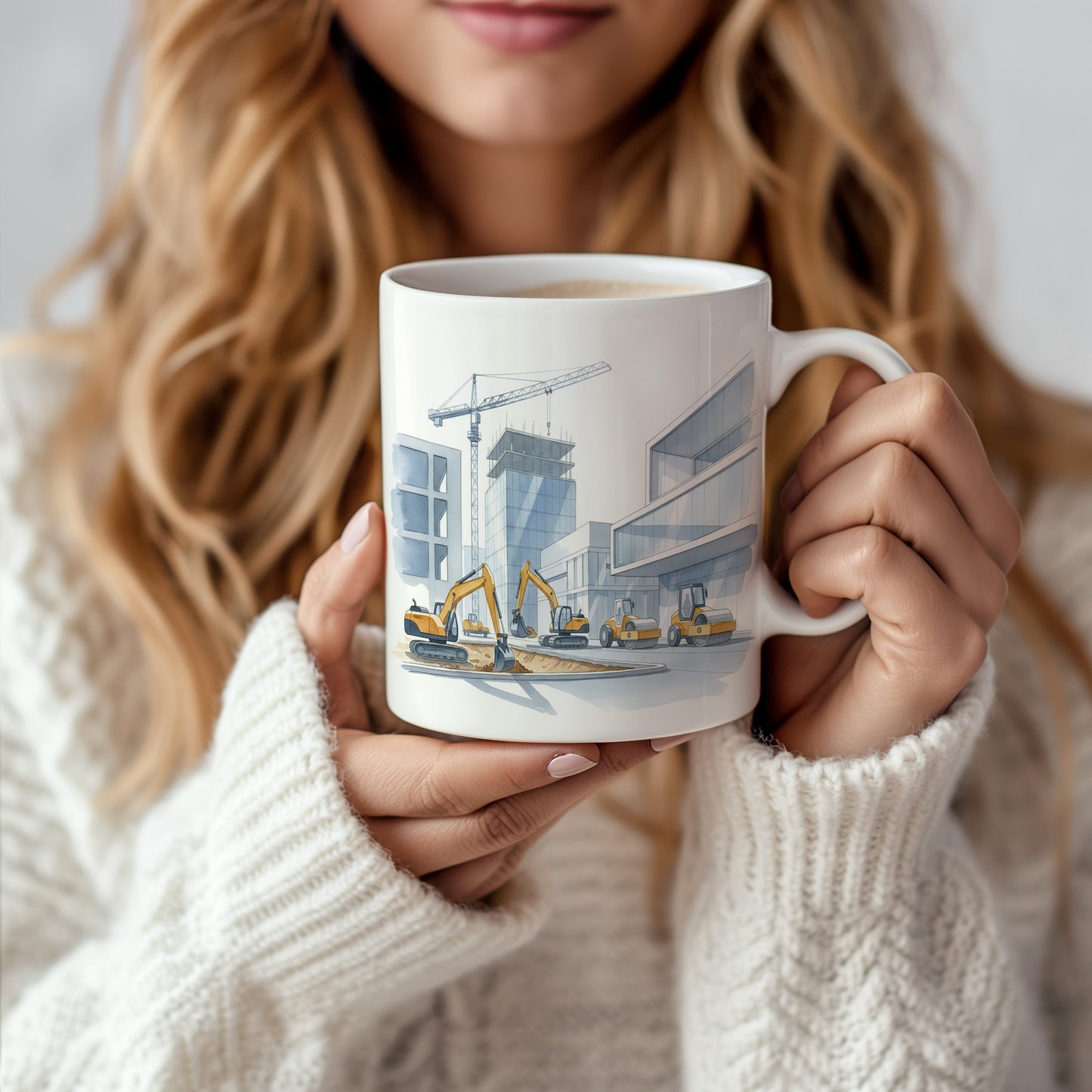 Hrnek s jeřábem na moderní stavbě