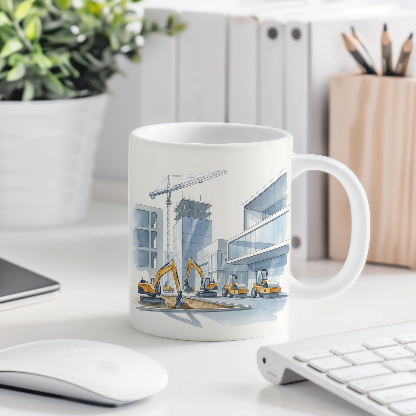 Hrnek s jeřábem na moderní stavbě