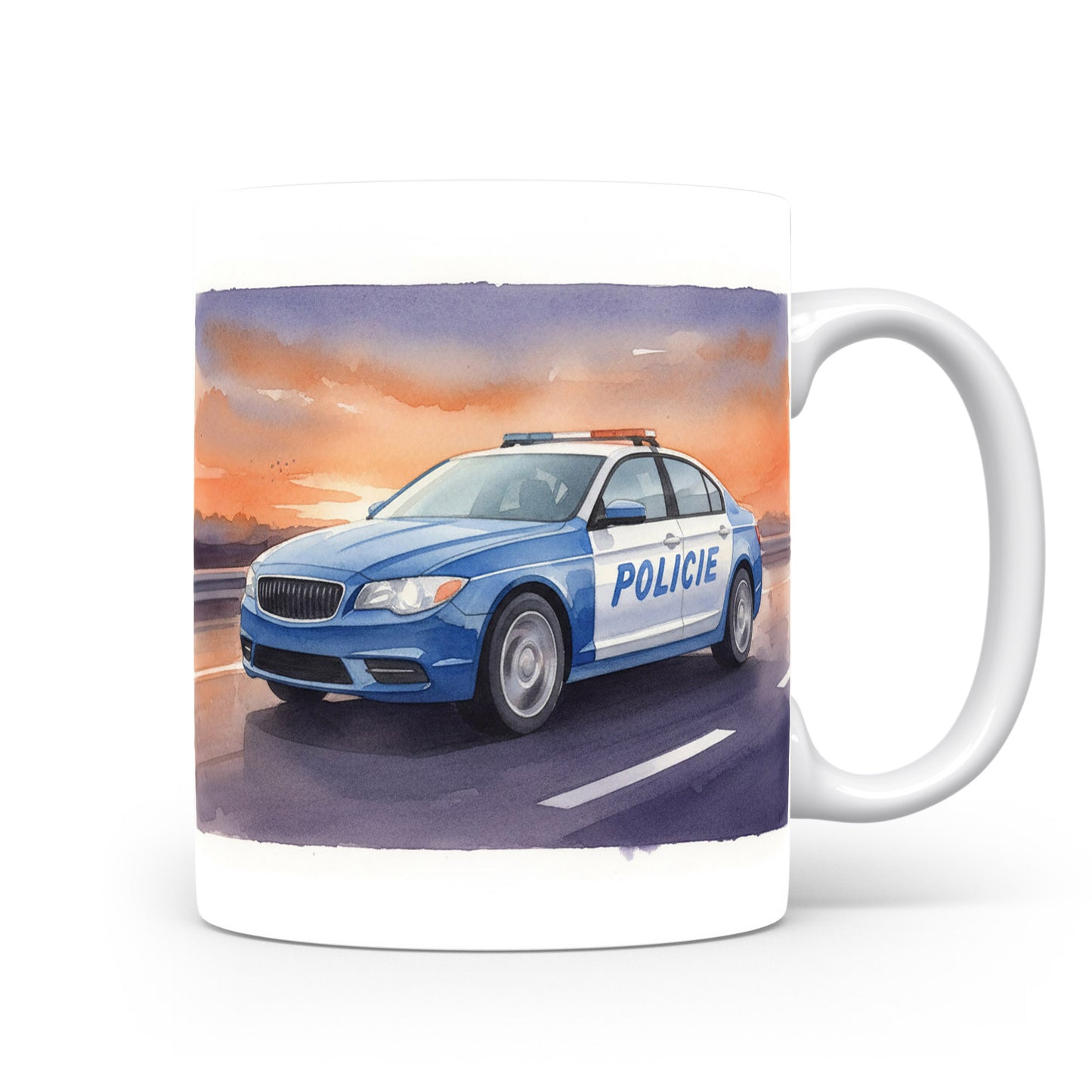 Hrnek s policejním autem při západu slunce