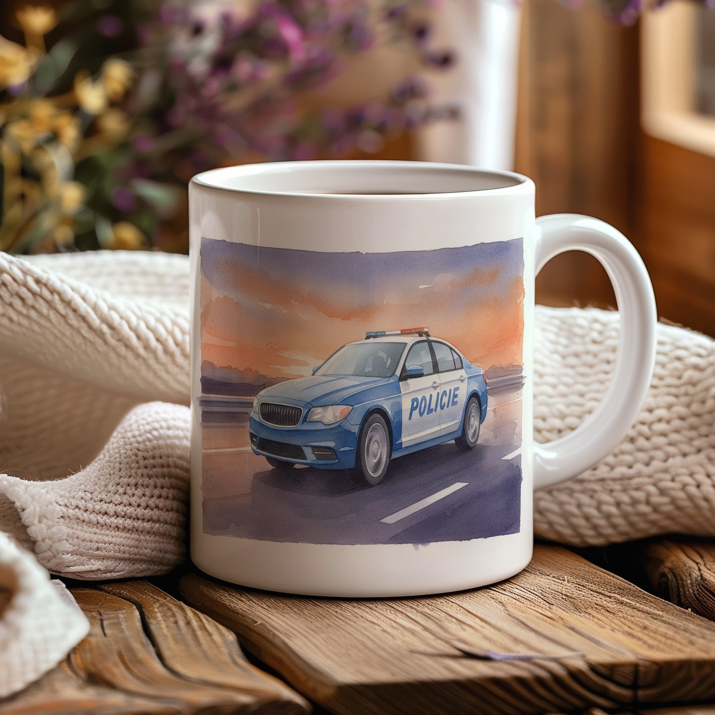 Hrnek s policejním autem při západu slunce