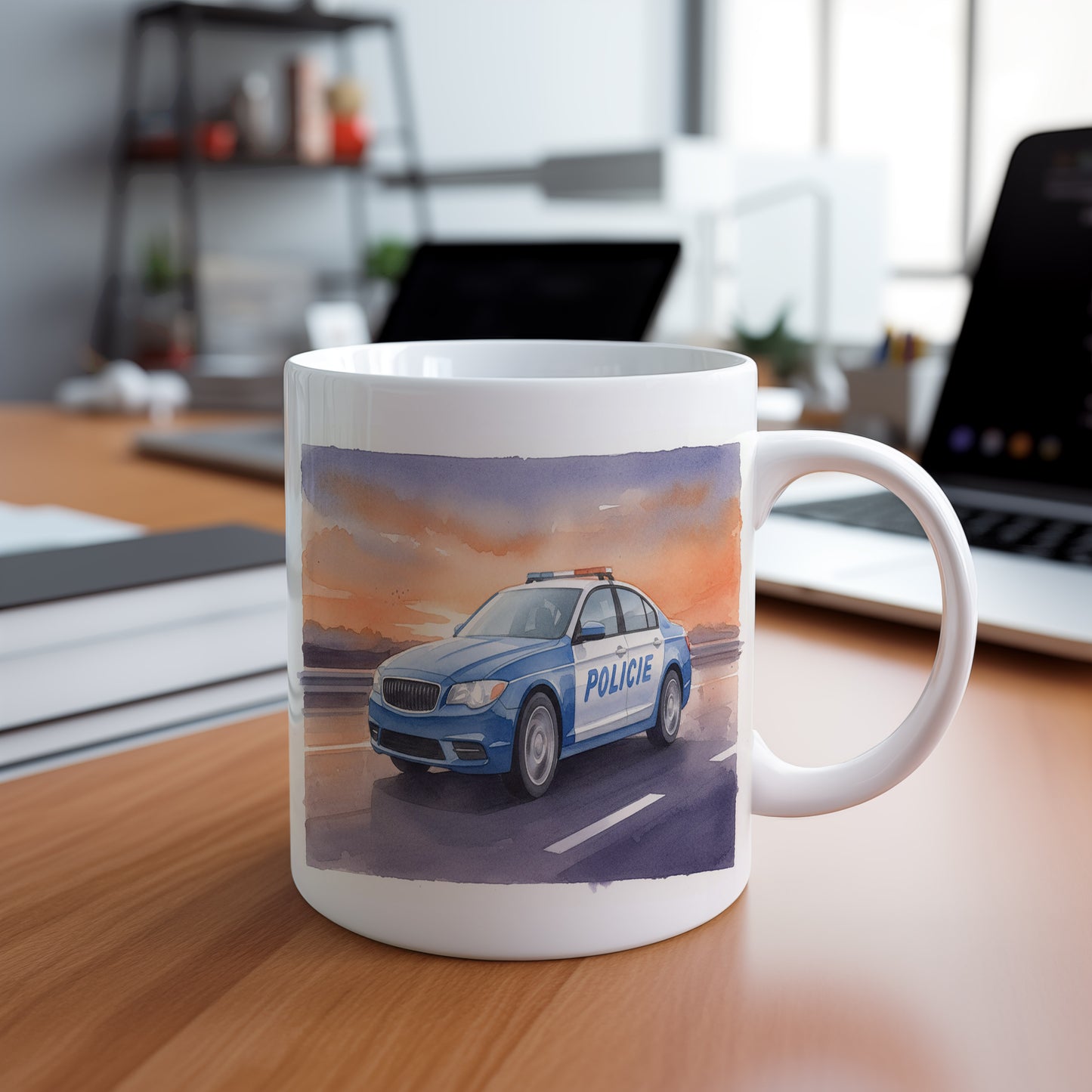 Hrnek s policejním autem při západu slunce