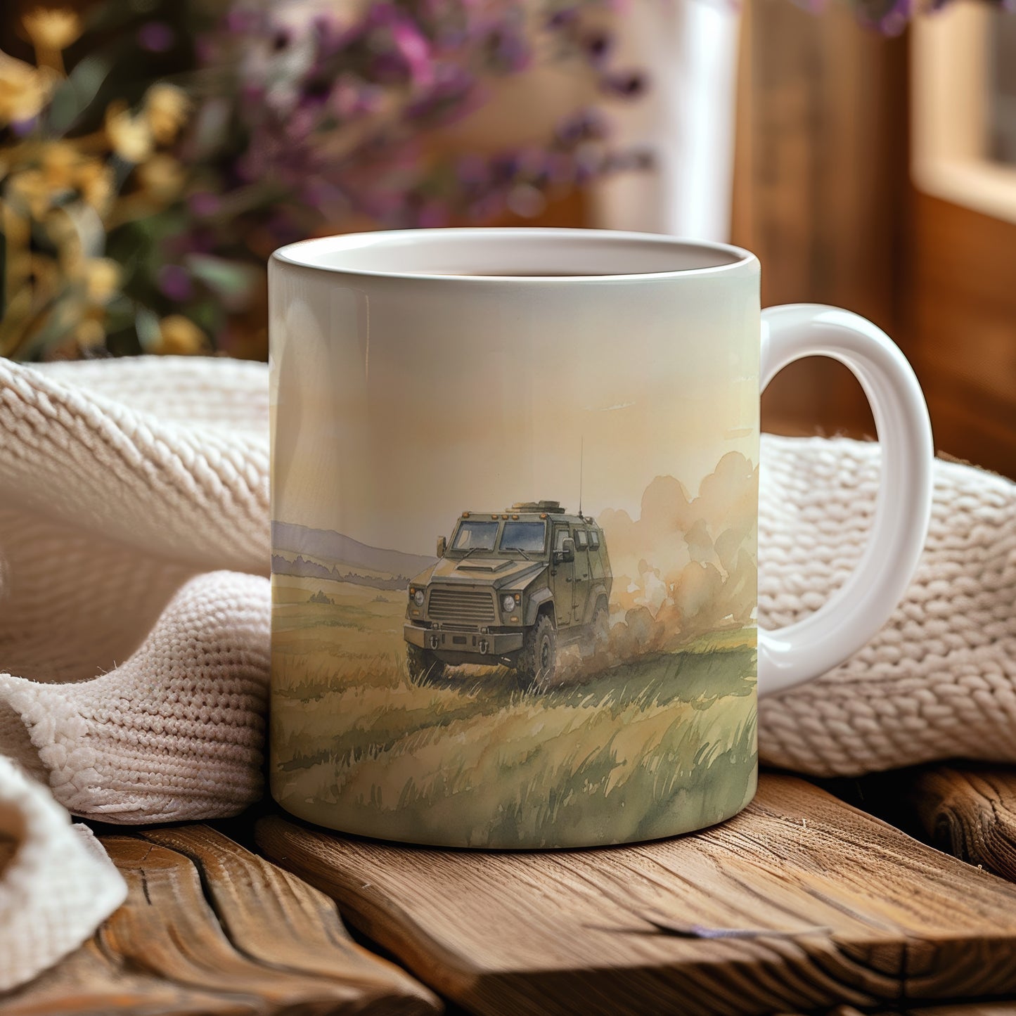 Hrnek s obrněným vozem na polní cestě