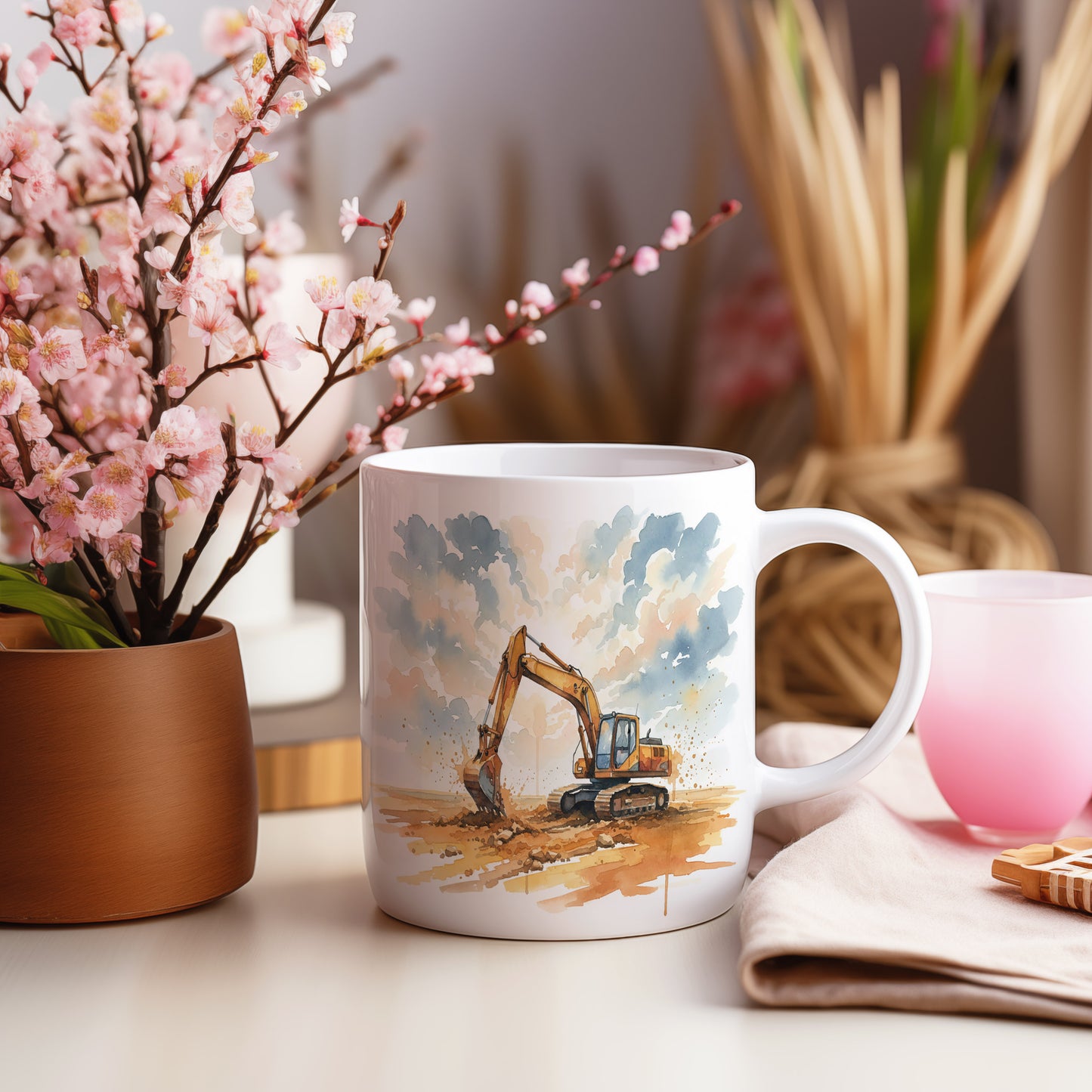 Hrnek s rypadlem na poli