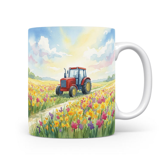 Traktor v poli plném květin