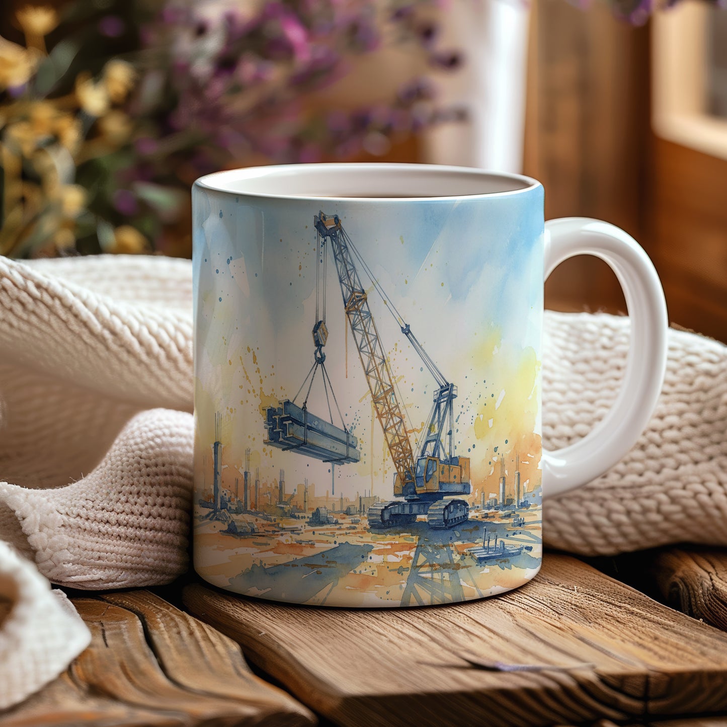 Hrnek s jeřábem na rozbřesku