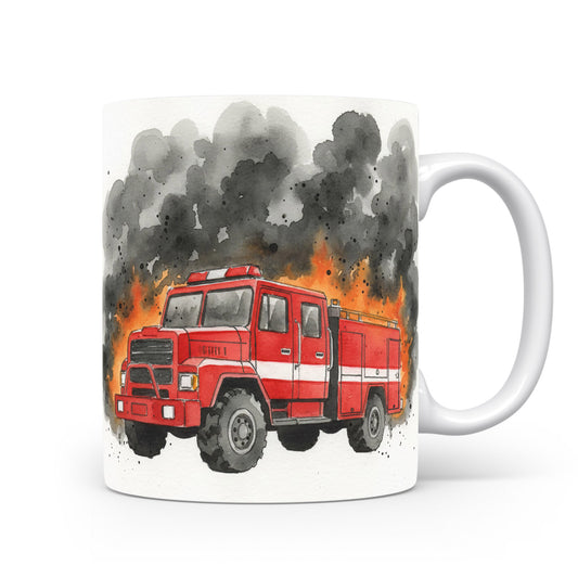 Hasičský vůz v plamenech na hrnku