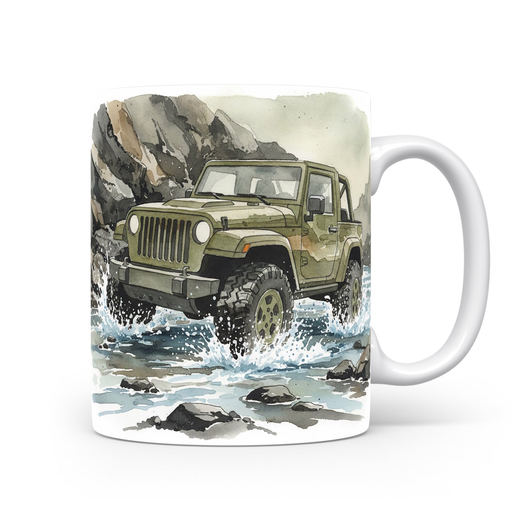 Hrnek s jeepem v divoké přírodě