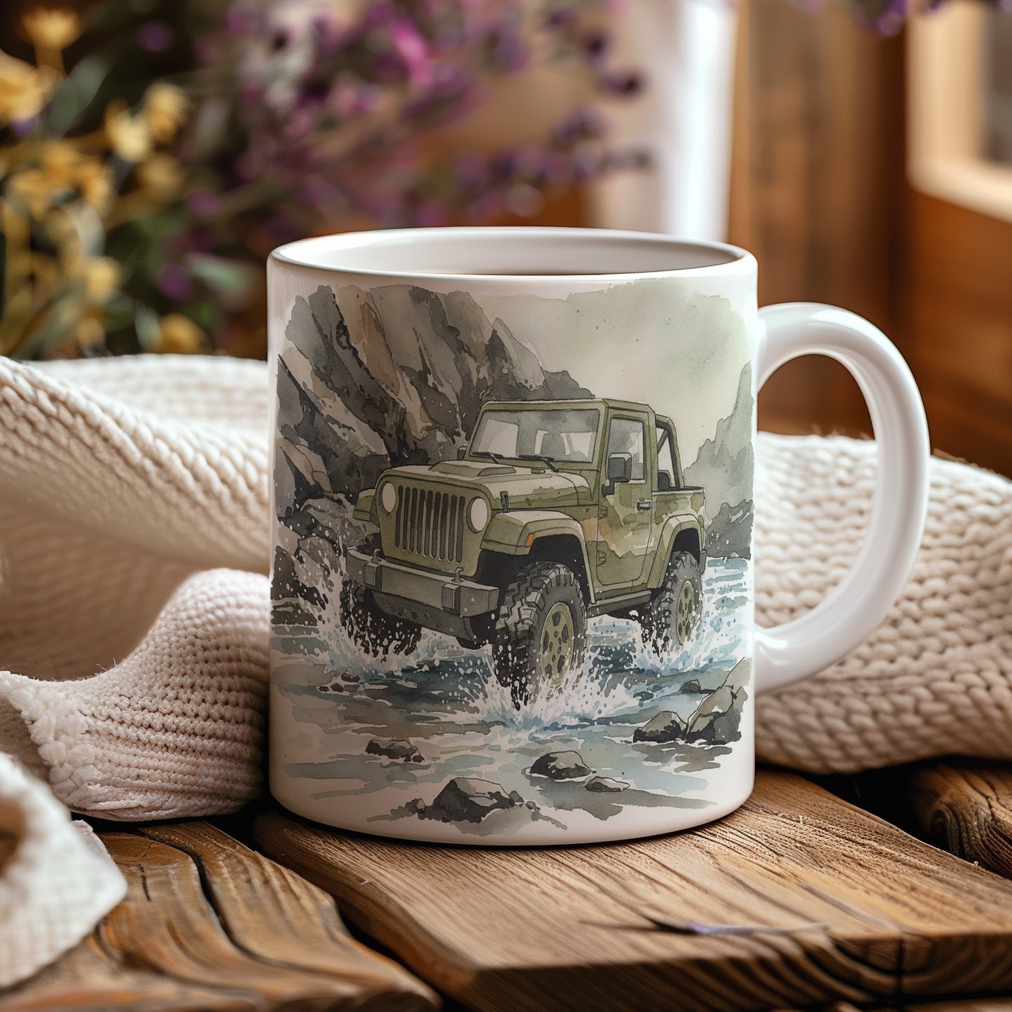 Hrnek s jeepem v divoké přírodě