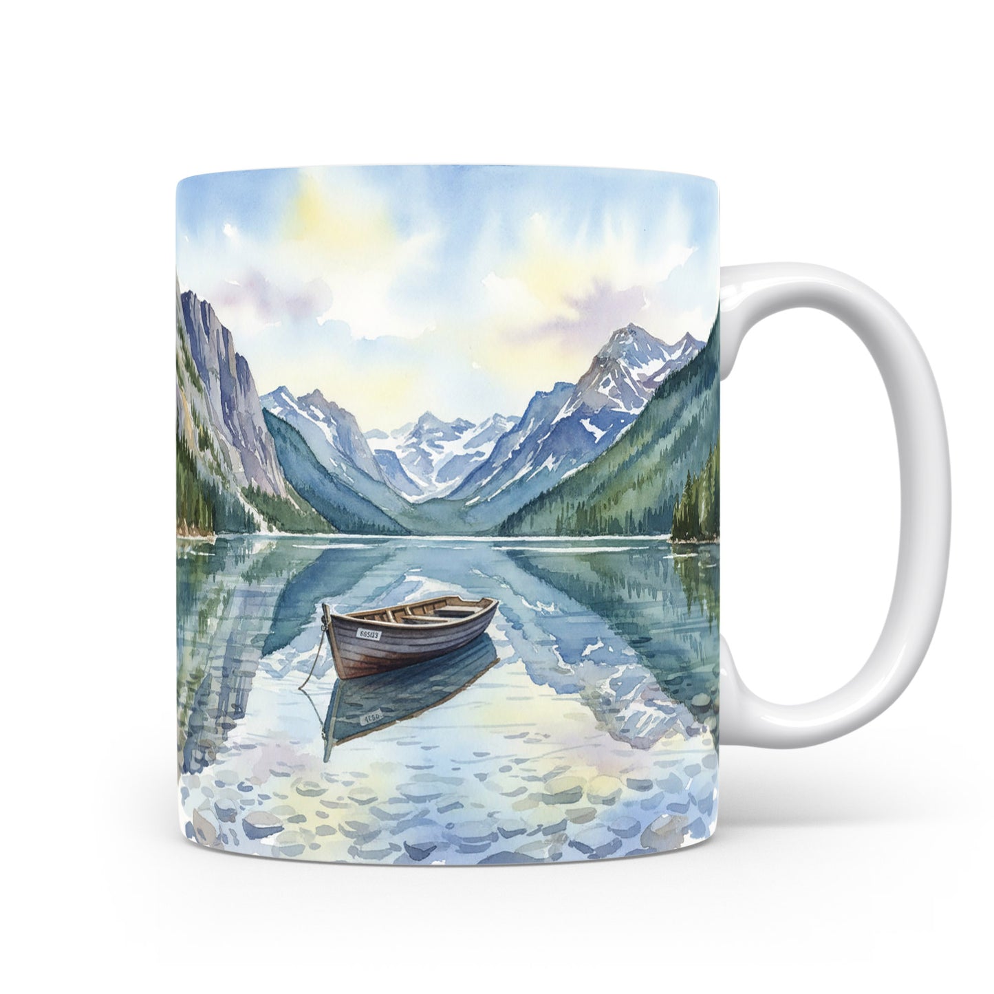 Loďka na horském jezeře v akvarelu