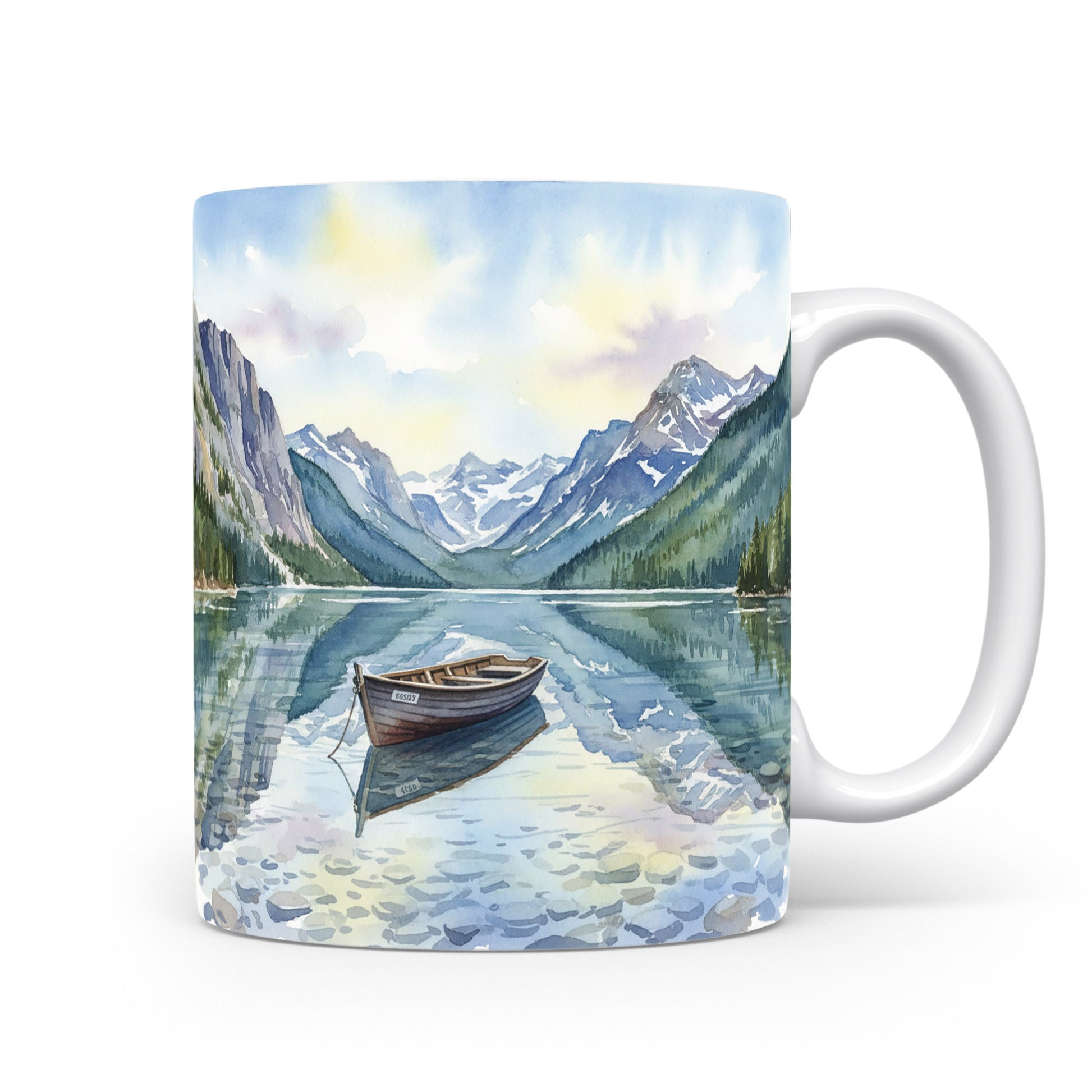 Loďka na horském jezeře v akvarelu