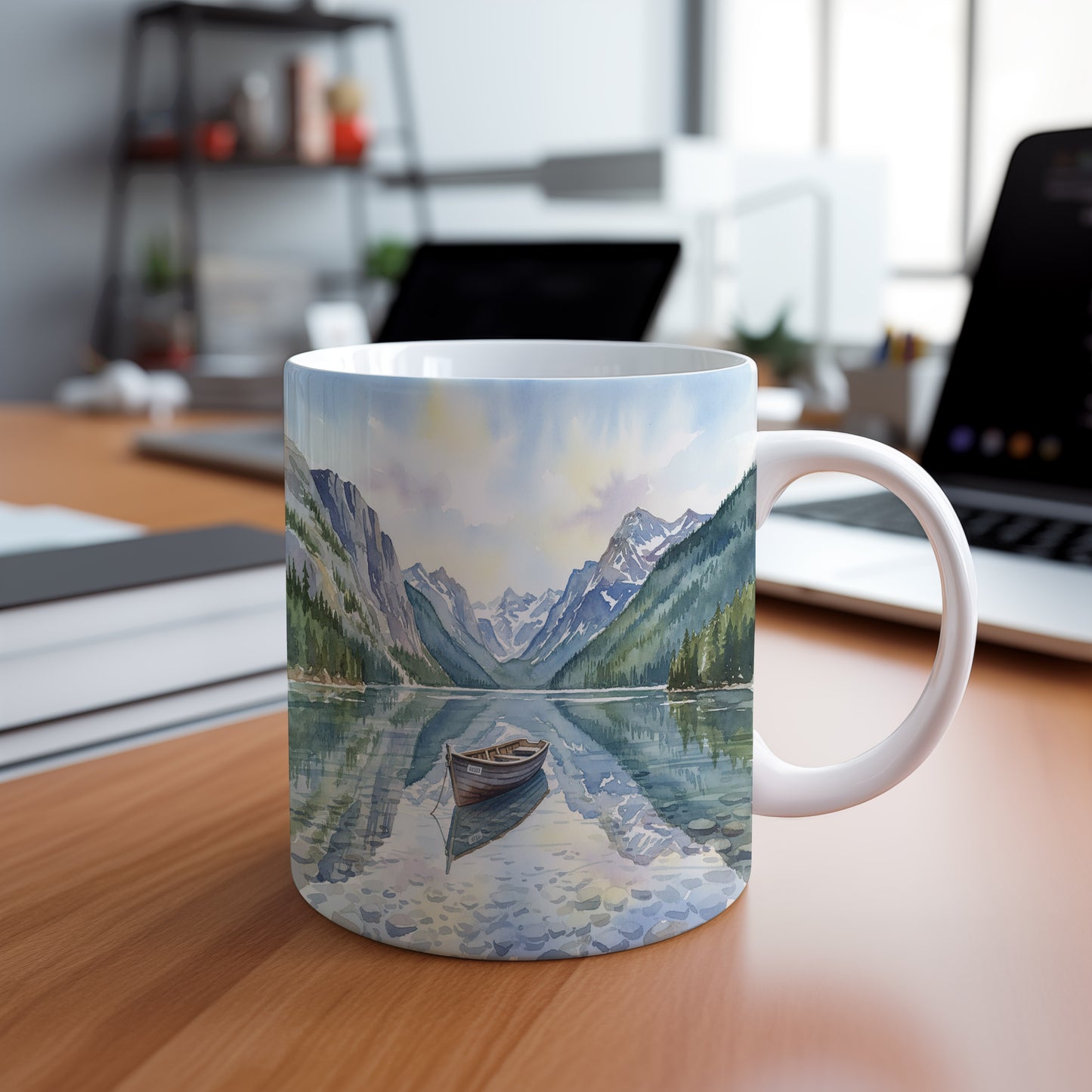 Hrnek s loďkou na horském jezeře