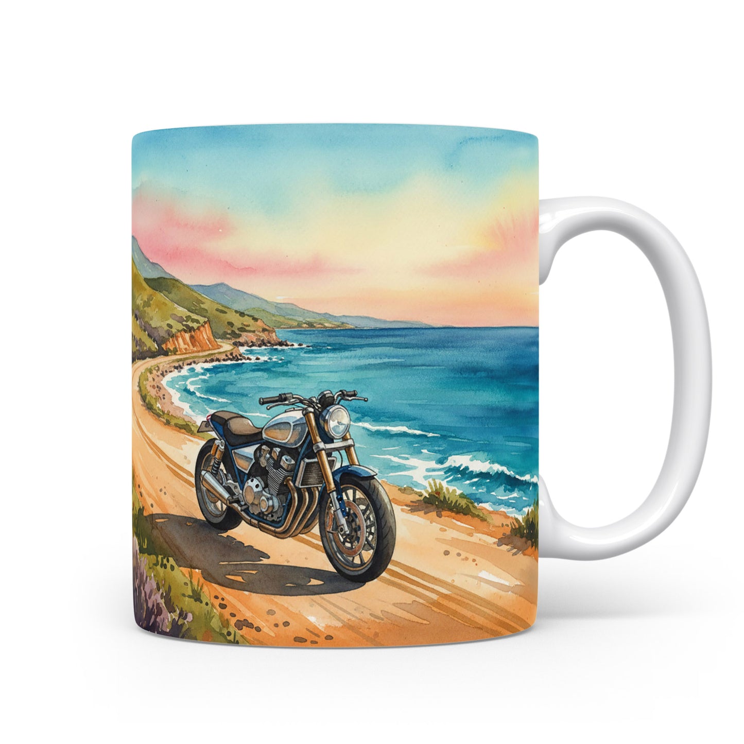 Motorka na pobřežní stezce v akvarelu