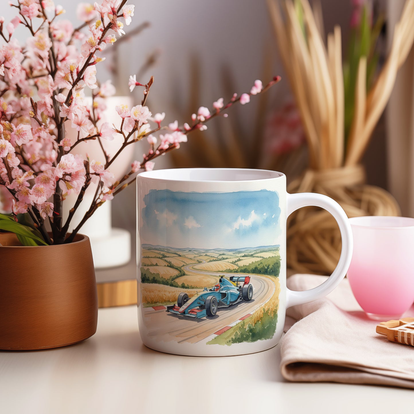 Hrnek s formulí na venkově