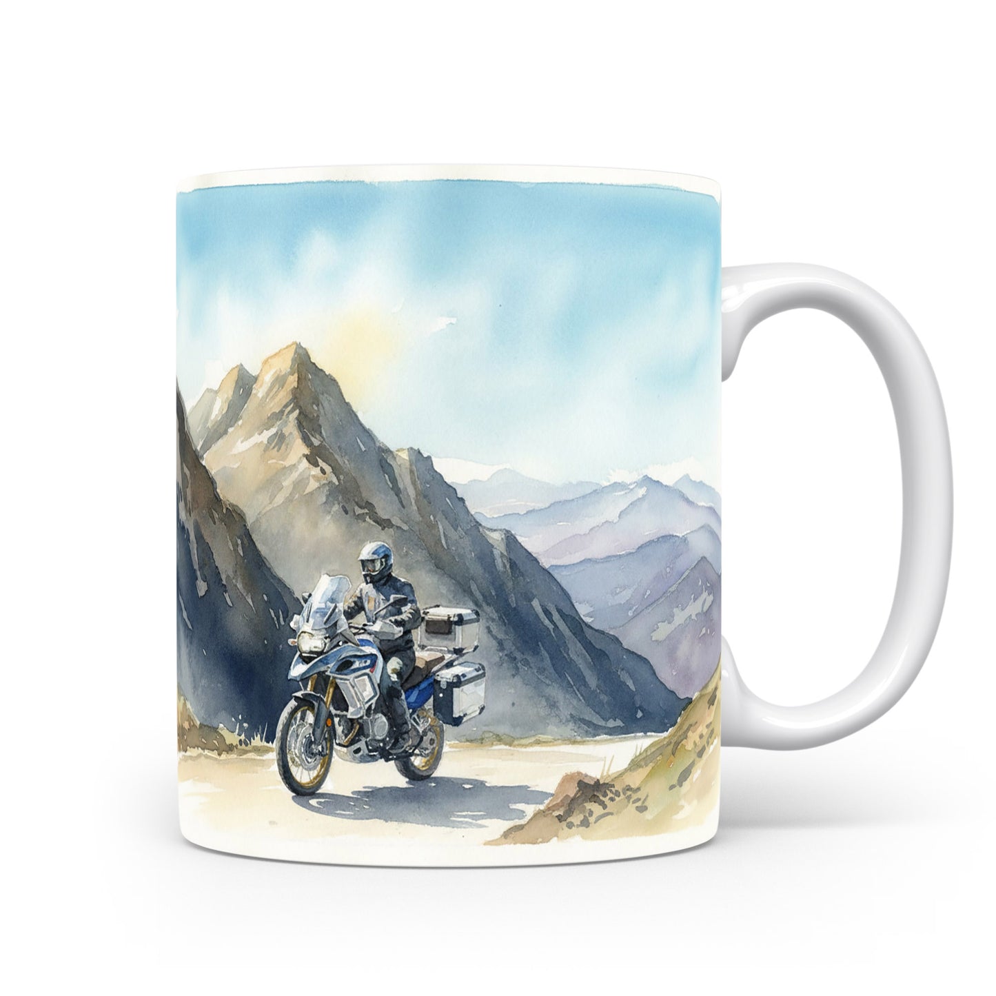 Motorka v horském průsmyku na hrnku