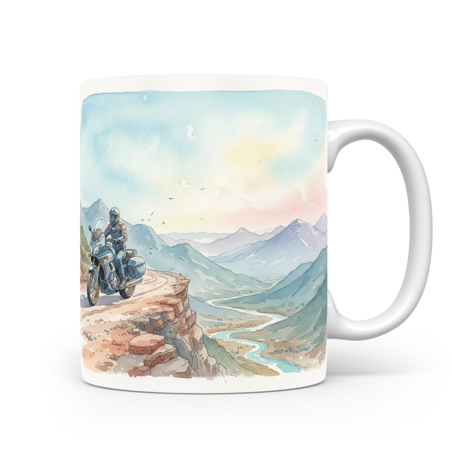 Motocykl na horské silnici v akvarelu