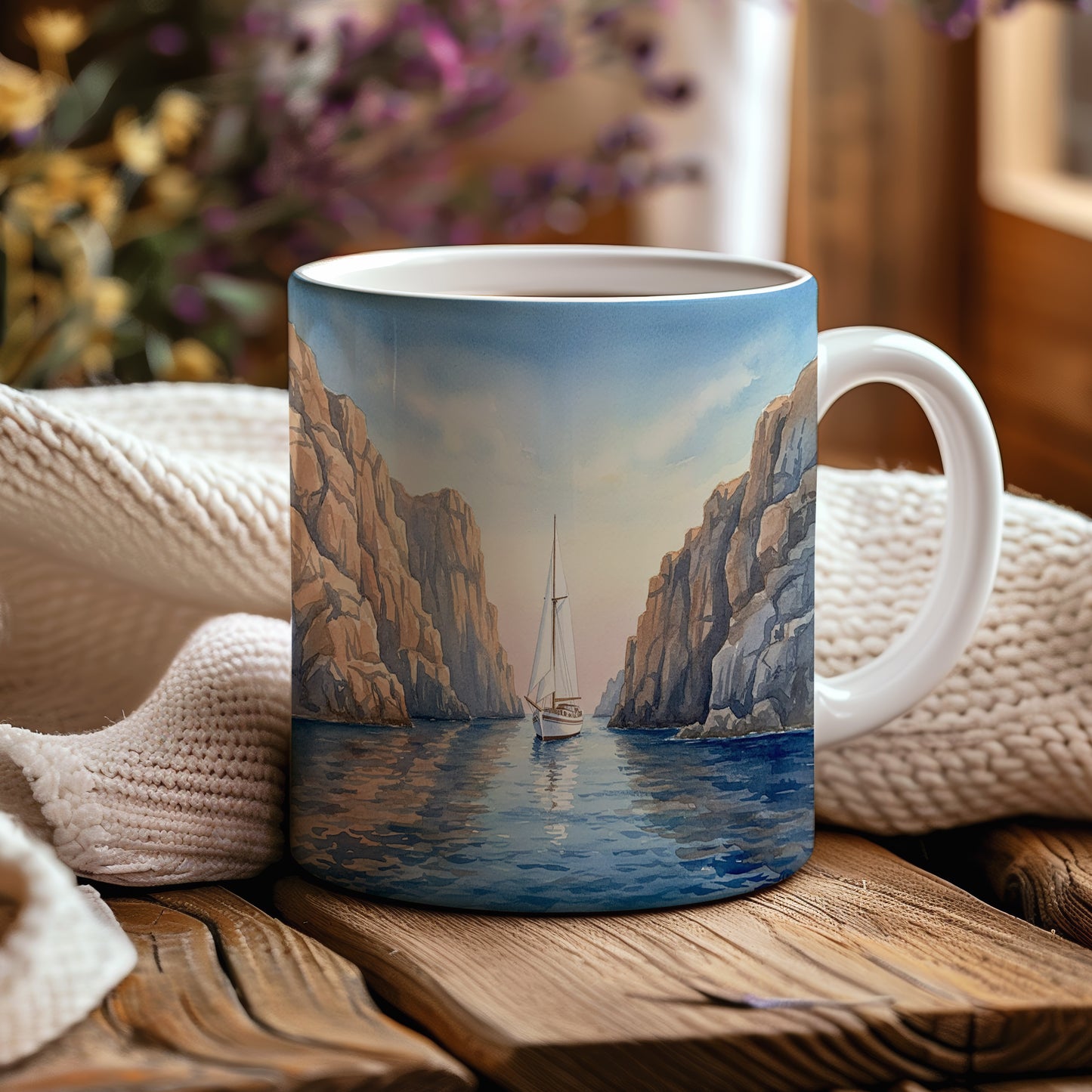 Hrnek s plachetnicí mezi útesy