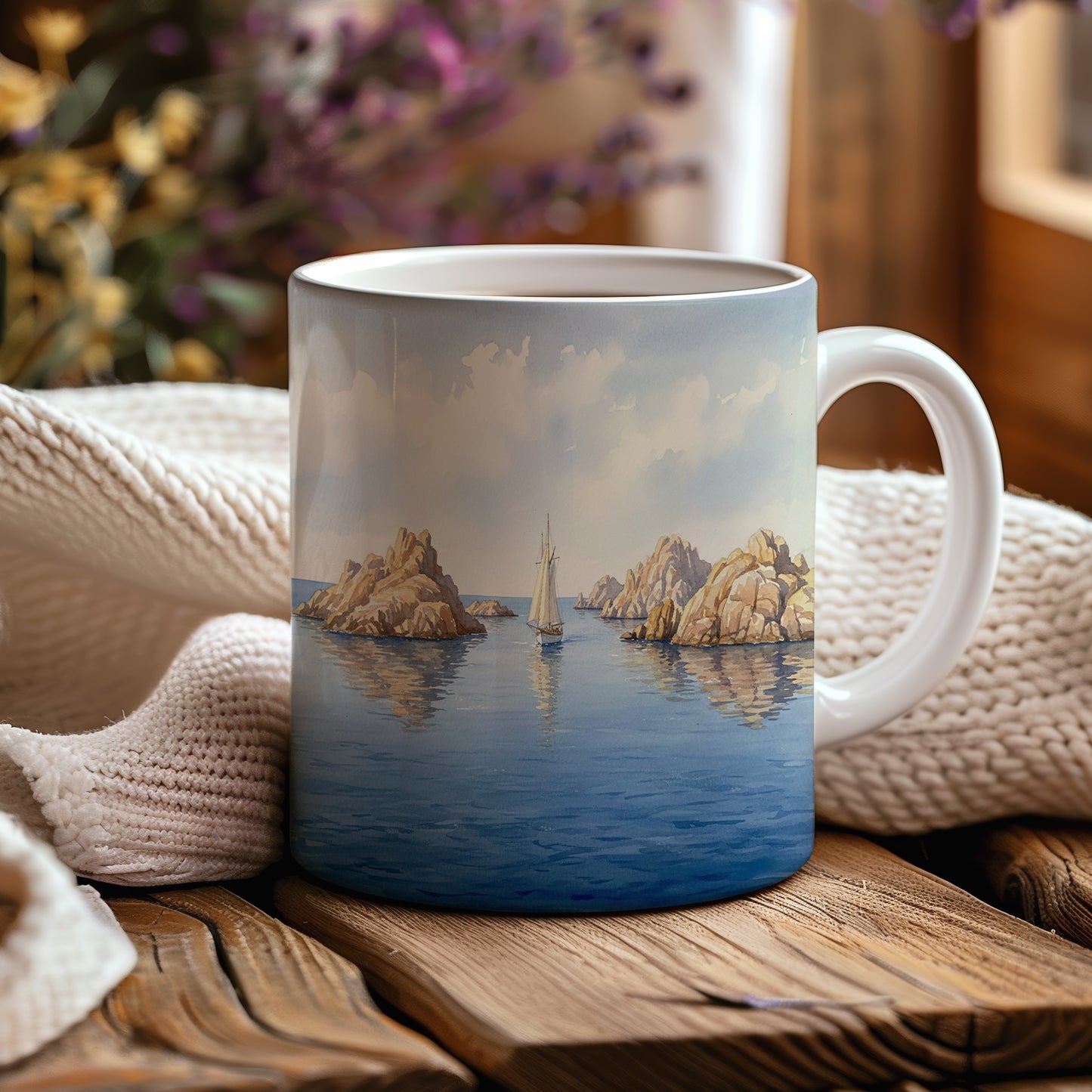 Hrnek s lodí mezi skalami