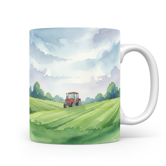 Akvarelový hrnek s traktorem na louce