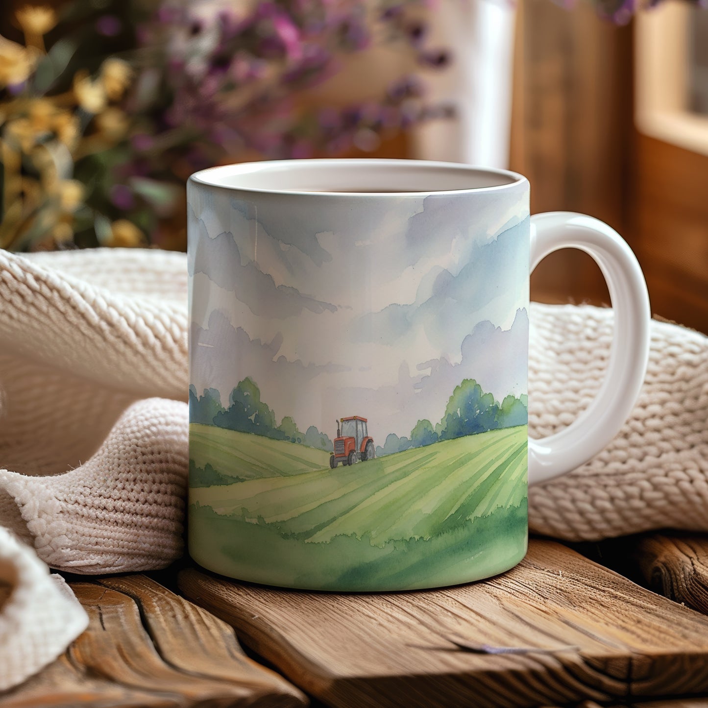 Hrnek s traktorem na louce