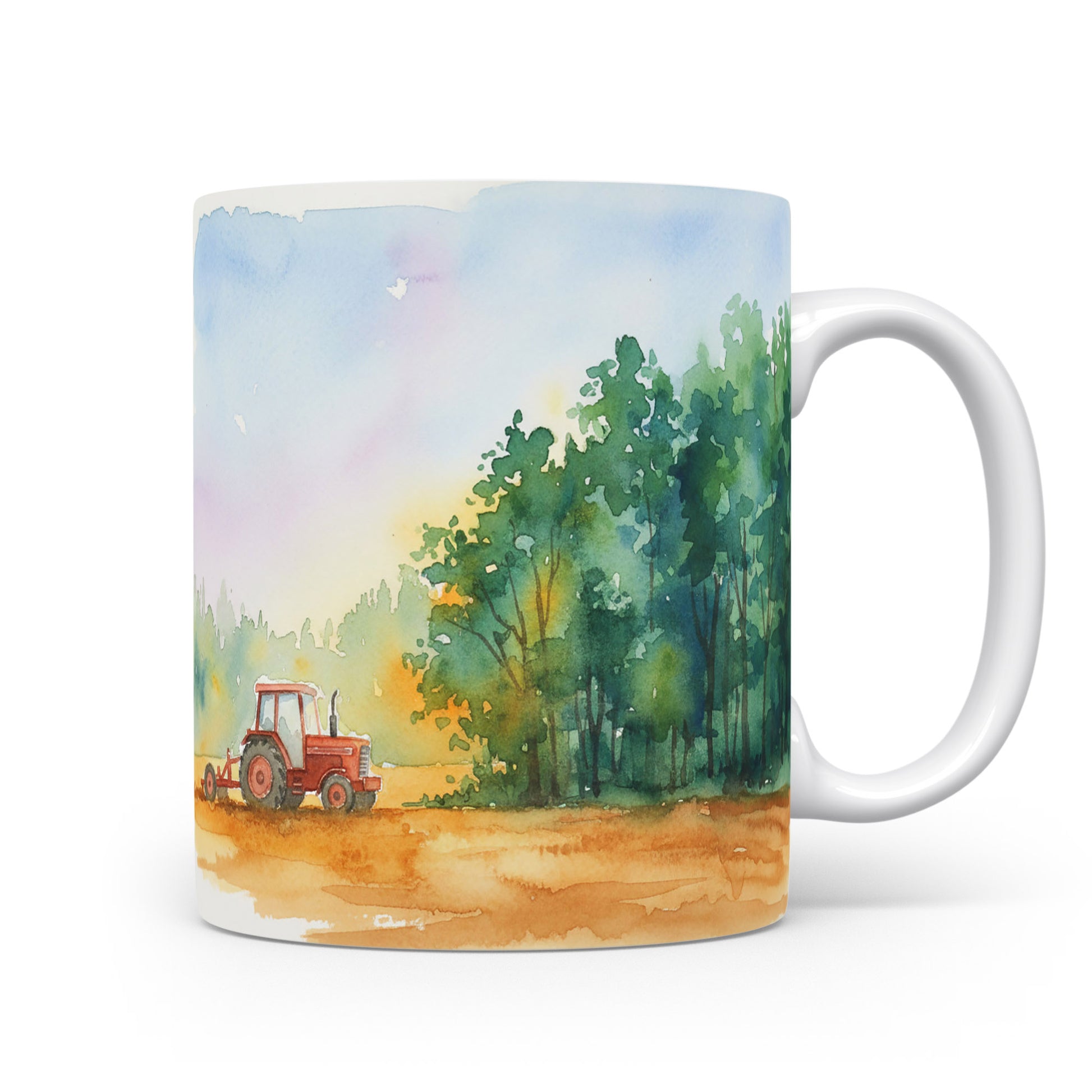 Hrnek s traktorem u lesa