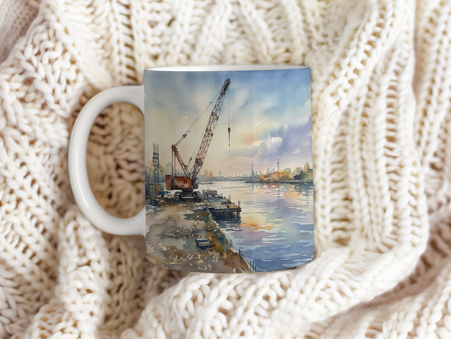 Hrnek s jeřábem při západu slunce