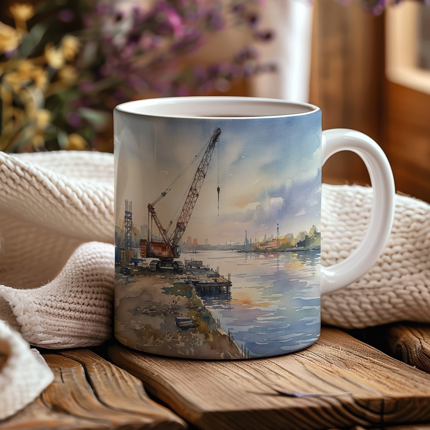 Hrnek s jeřábem při západu slunce