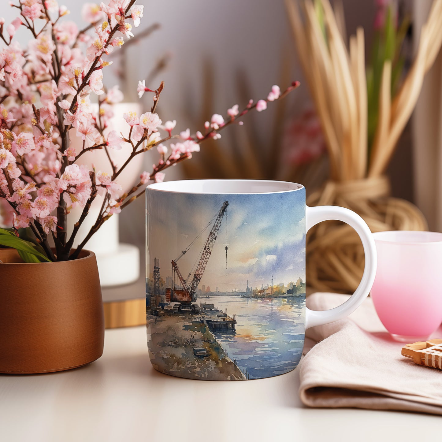 Hrnek s jeřábem při západu slunce