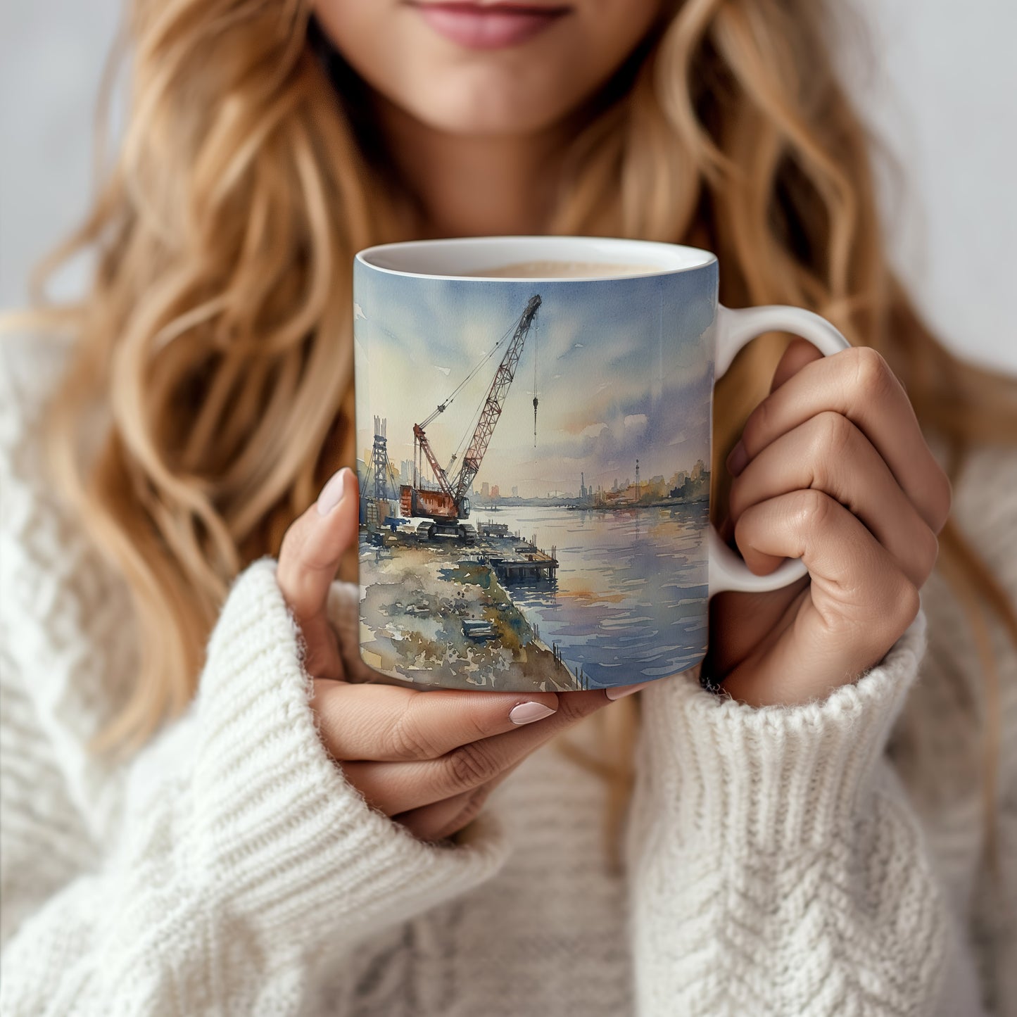 Hrnek s jeřábem při západu slunce