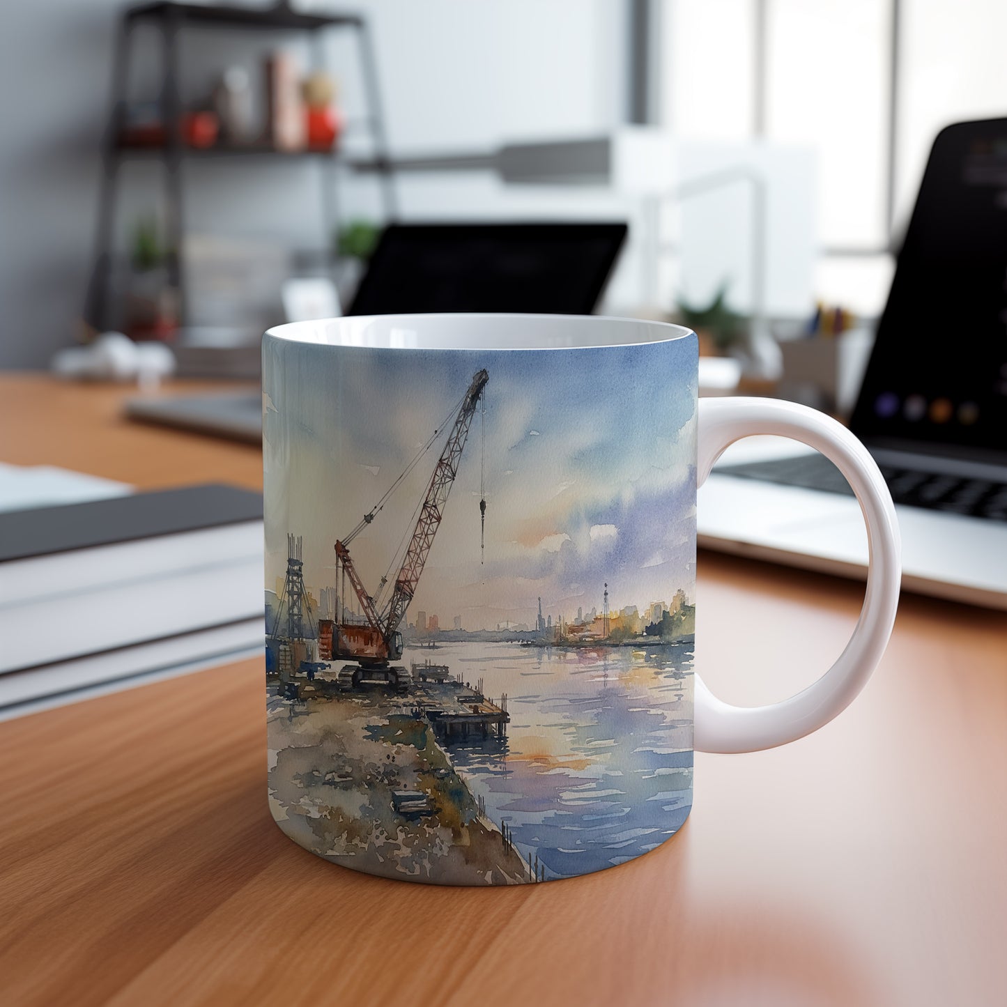 Hrnek s jeřábem při západu slunce