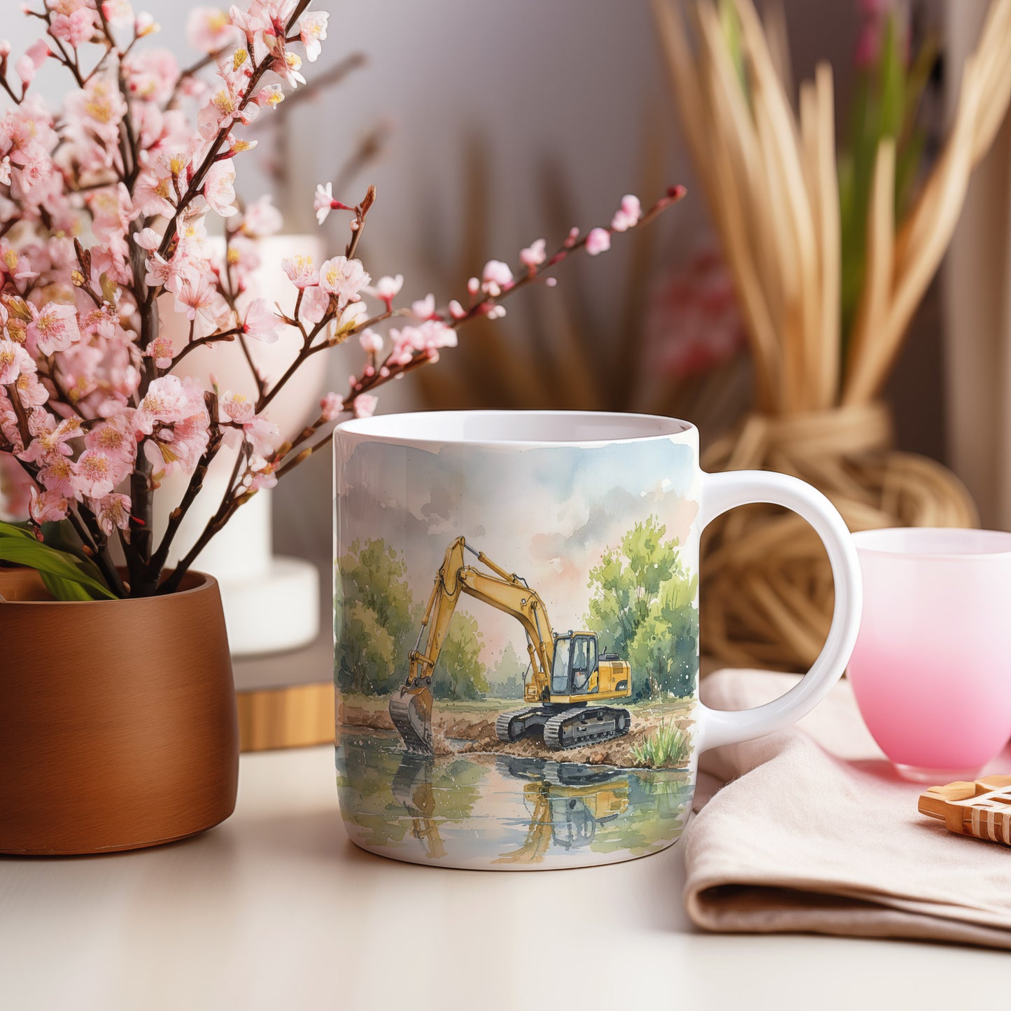 Hrnek s bagrem u řeky