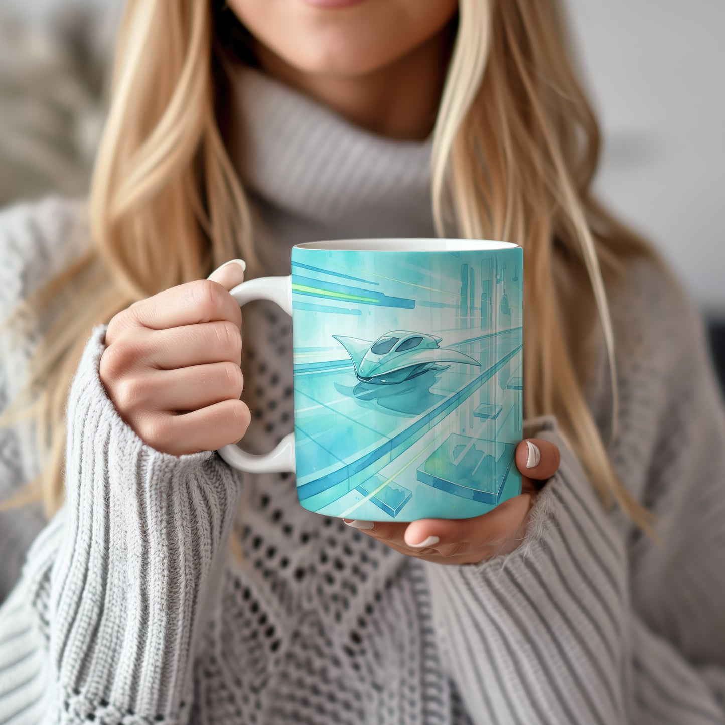 Hrnek s futuristickou lodí v akci