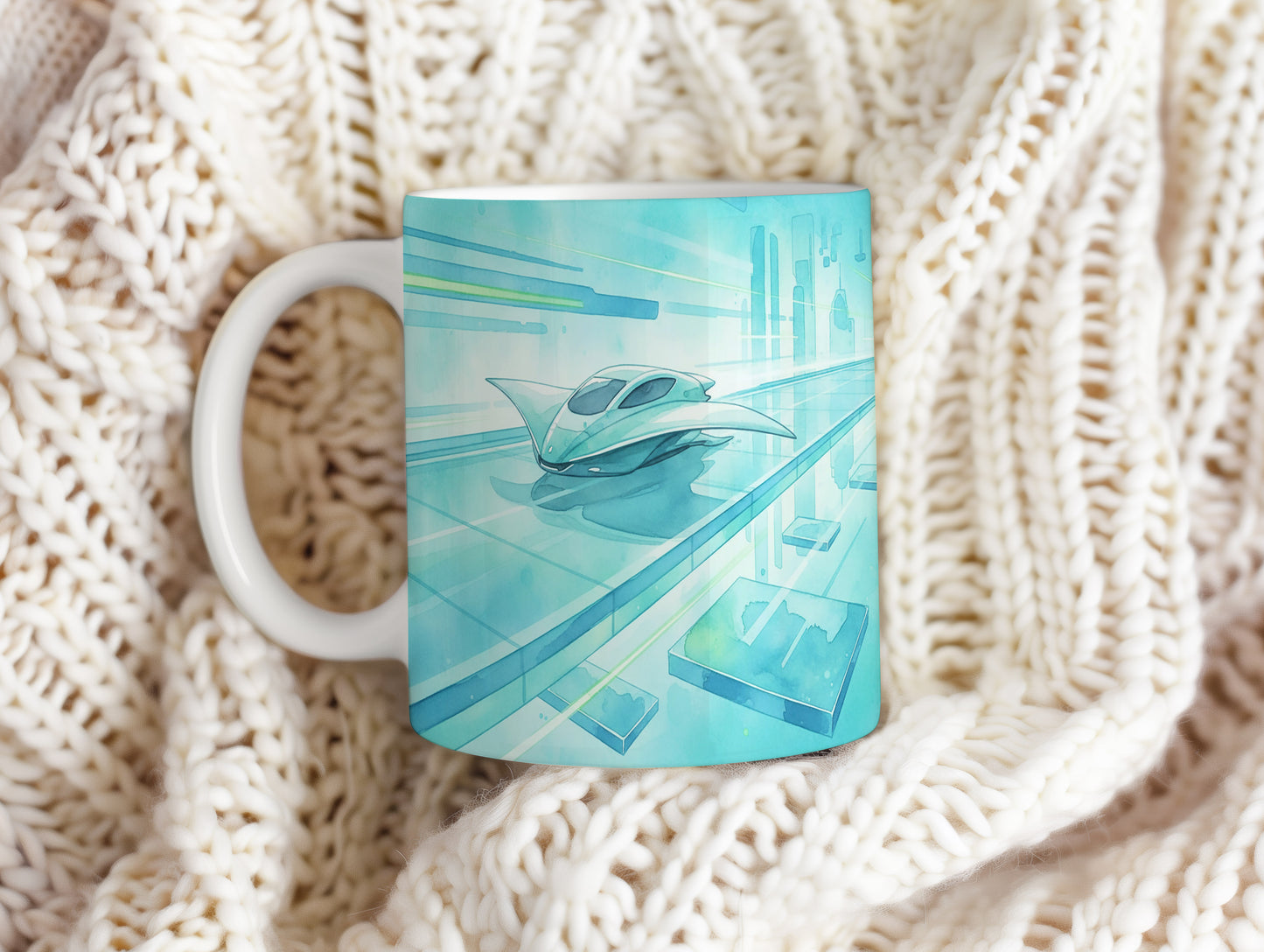 Hrnek s futuristickou lodí v akci