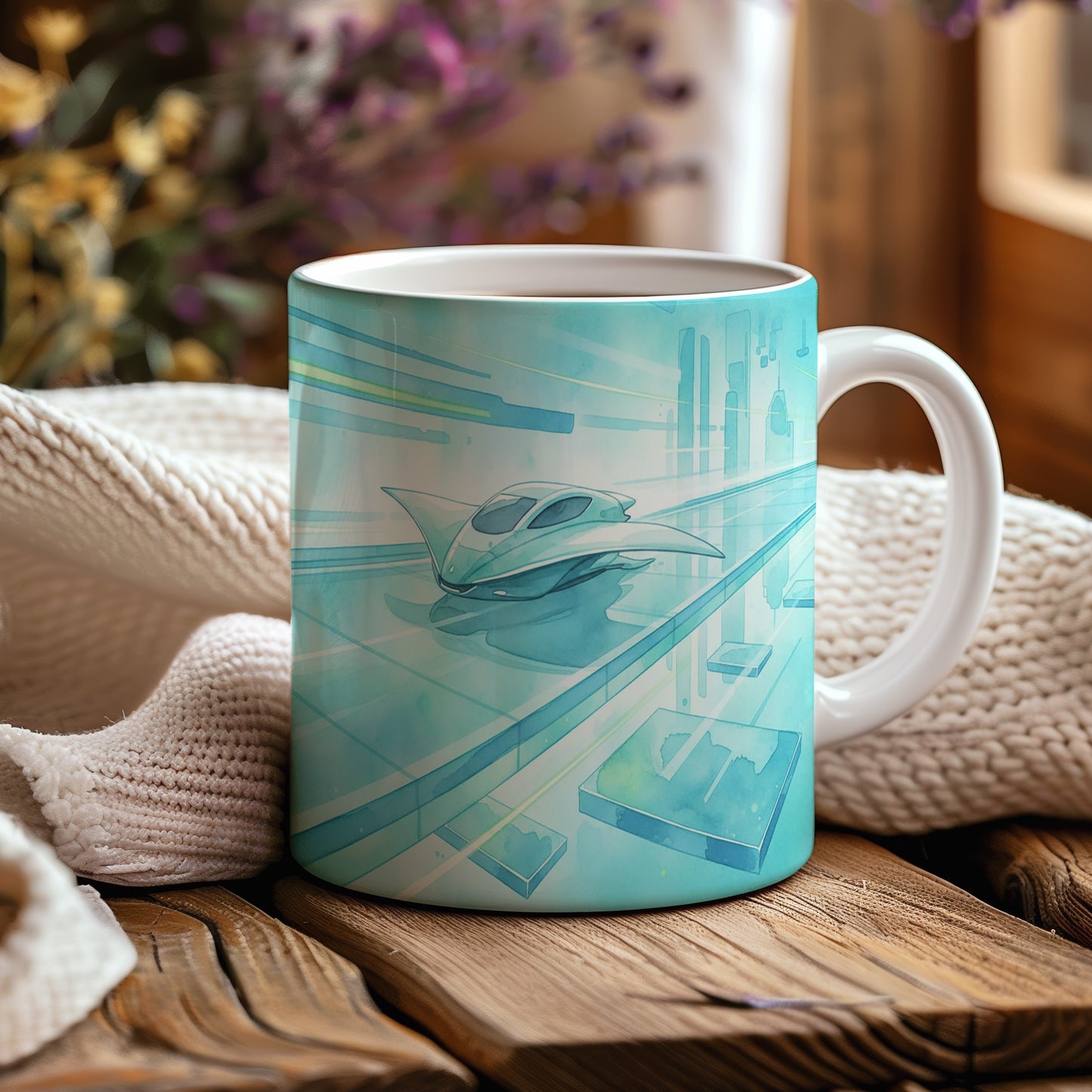 Hrnek s futuristickou lodí v akci