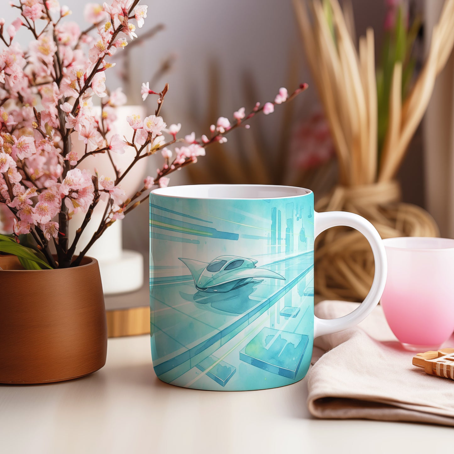 Hrnek s futuristickou lodí v akci