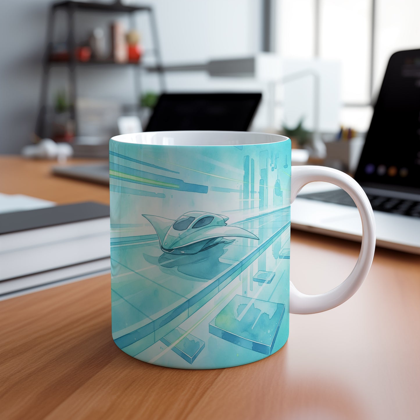 Hrnek s futuristickou lodí v akci