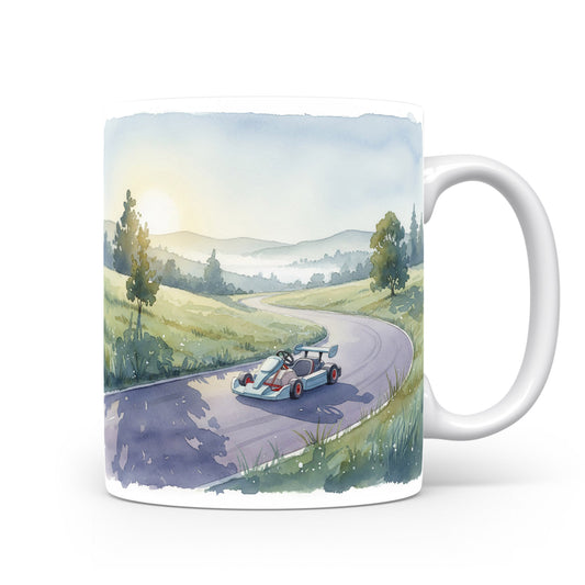 Motokára v krajině na hrnku