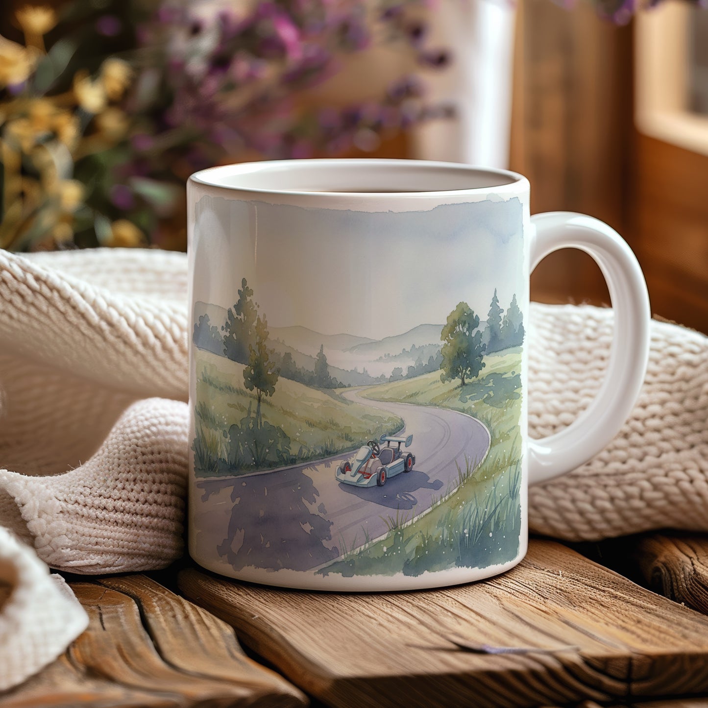 Hrnek s motokárou v krajině