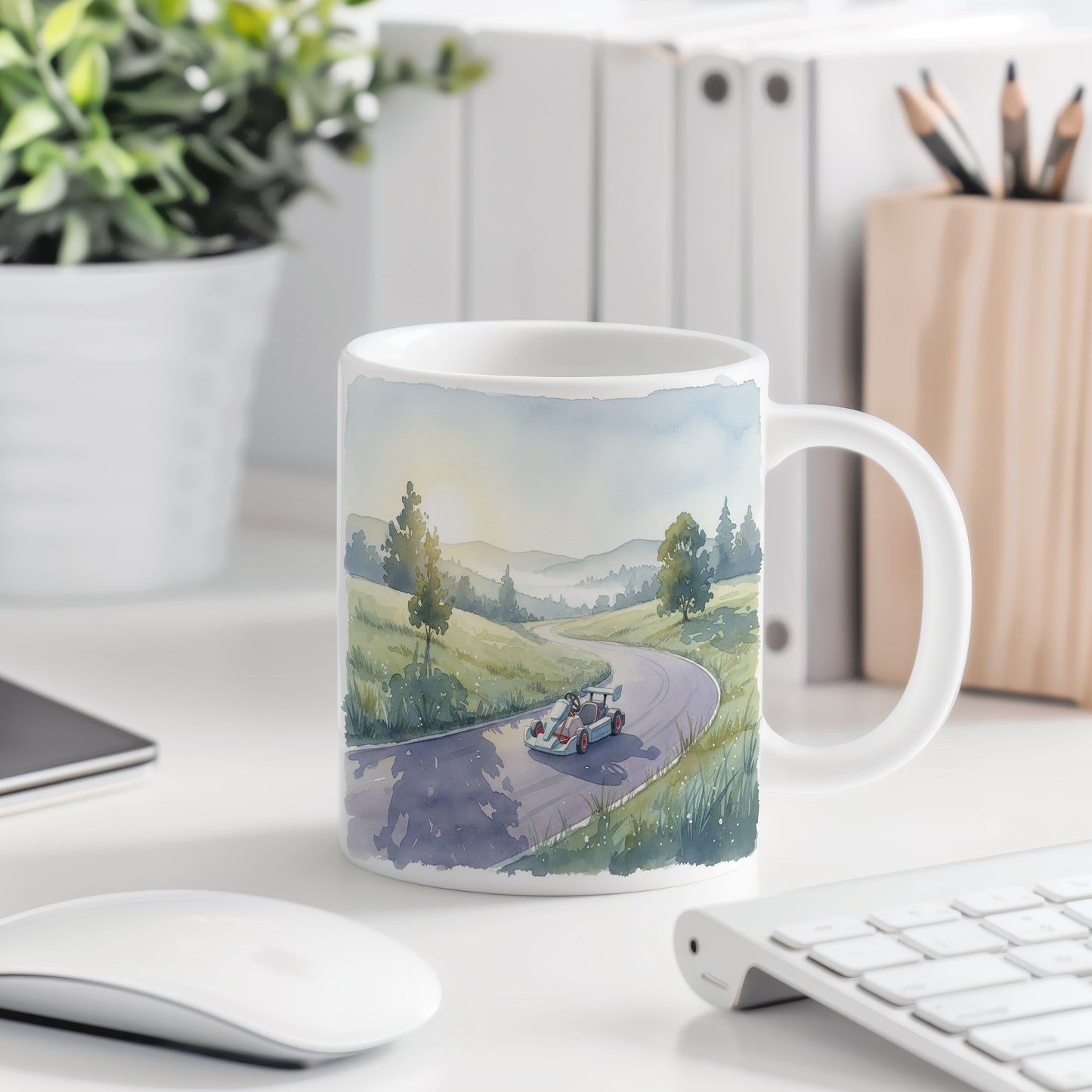 Hrnek s motokárou v krajině