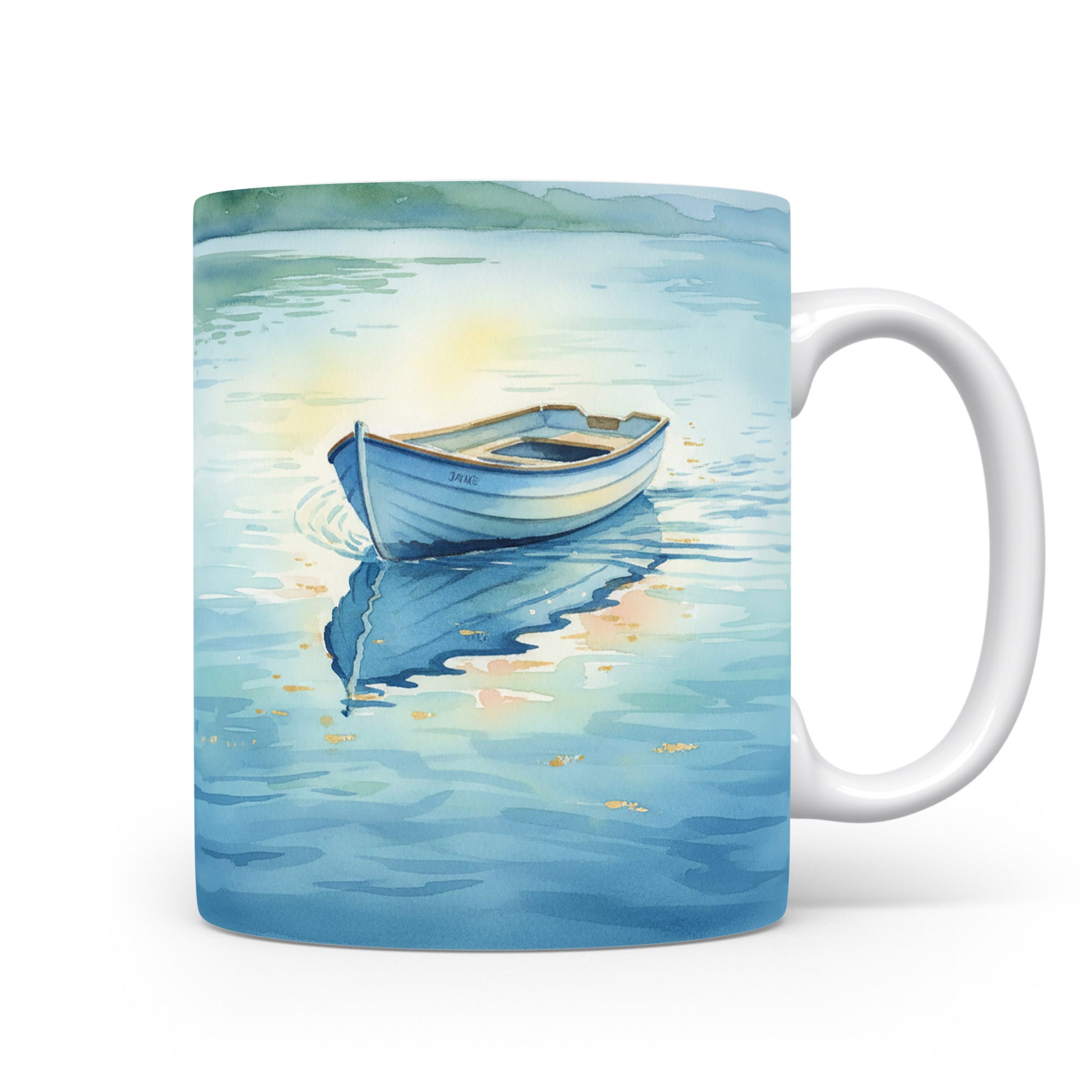 Akvarelový hrnek s lodí na klidné vodě