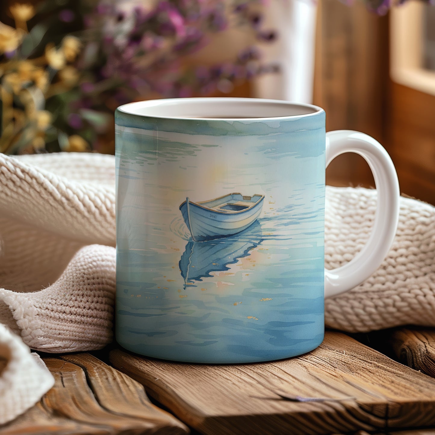 Hrnek s lodí na klidné hladině