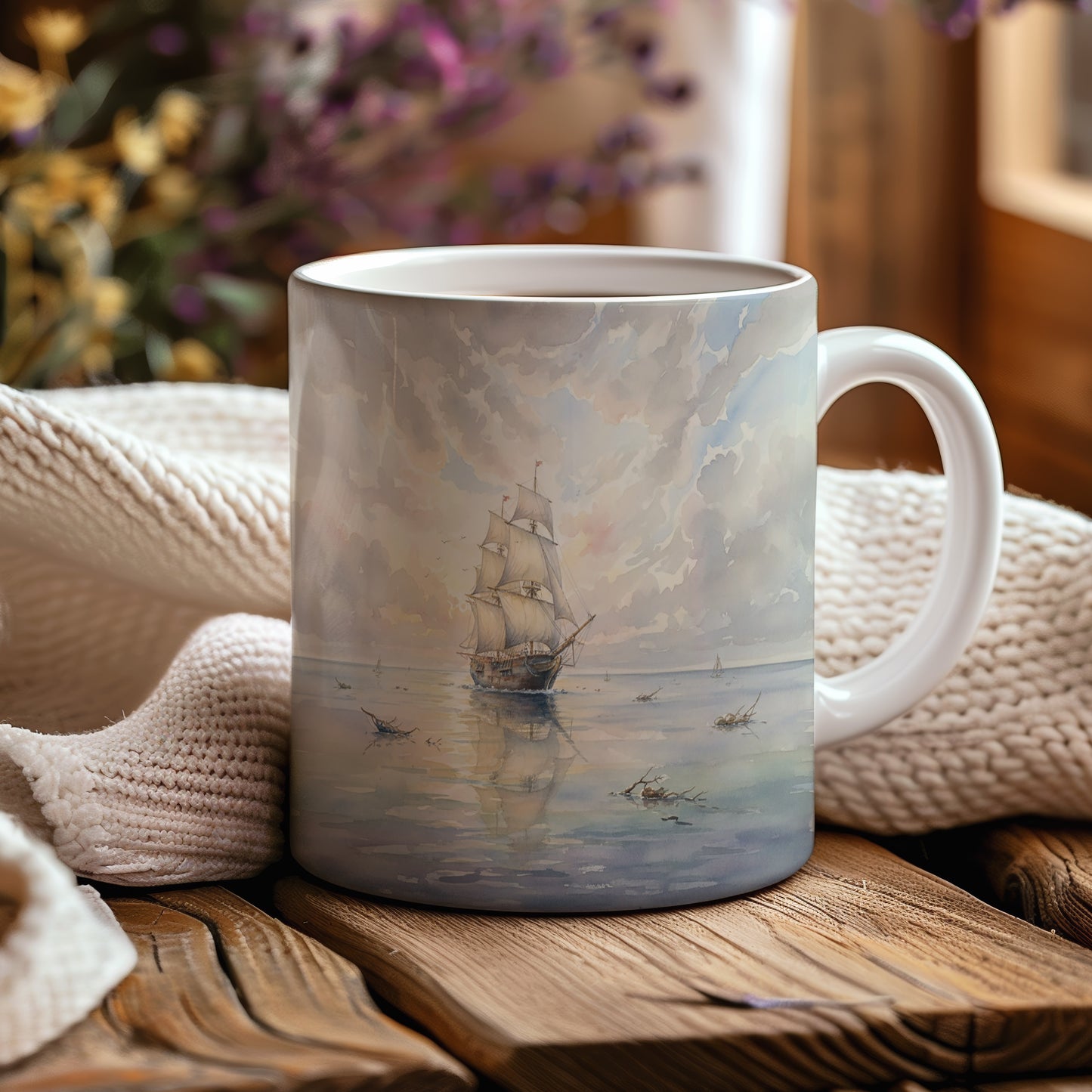 Hrnek s plachetnicí na klidném moři