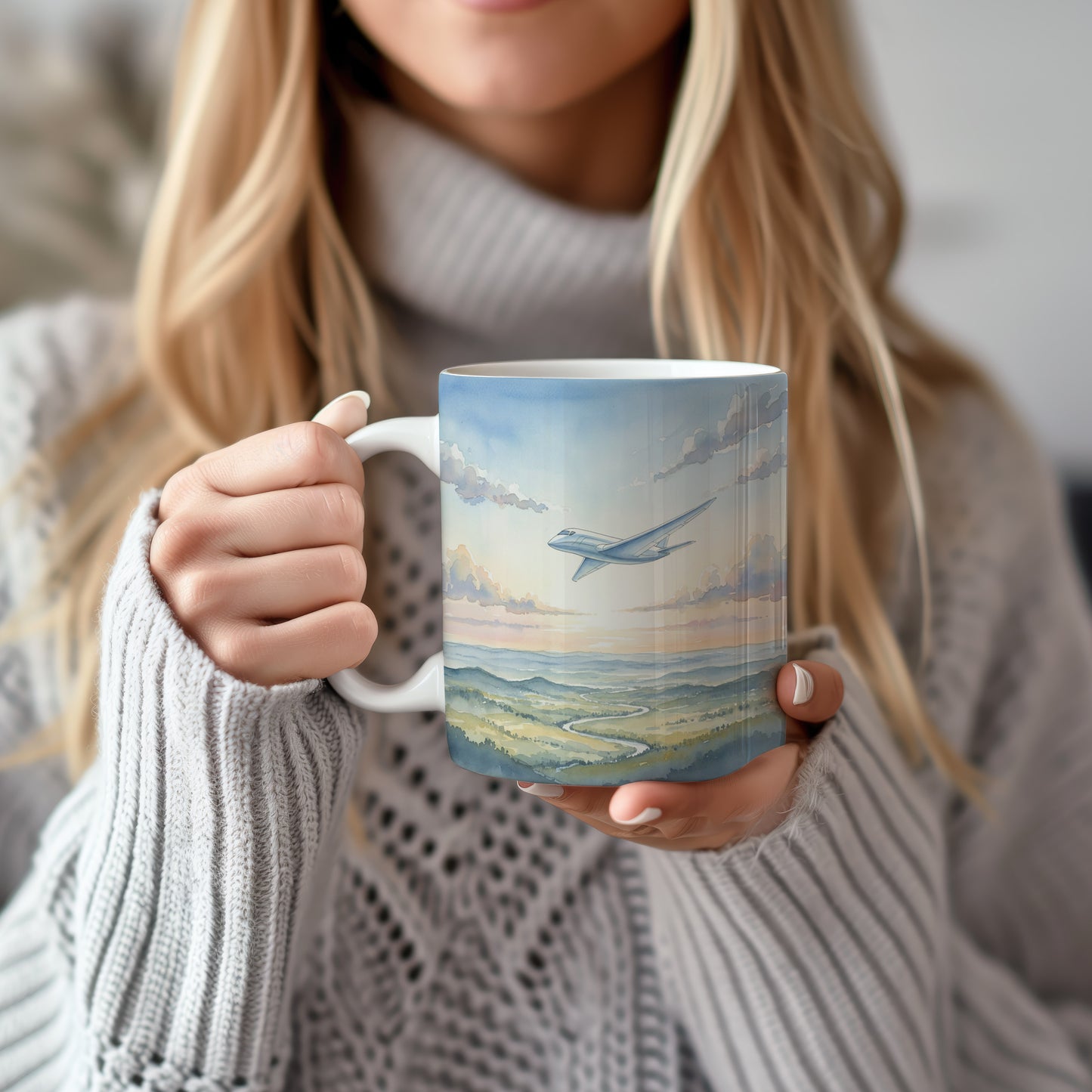 Hrnek s letadlem nad krajinou