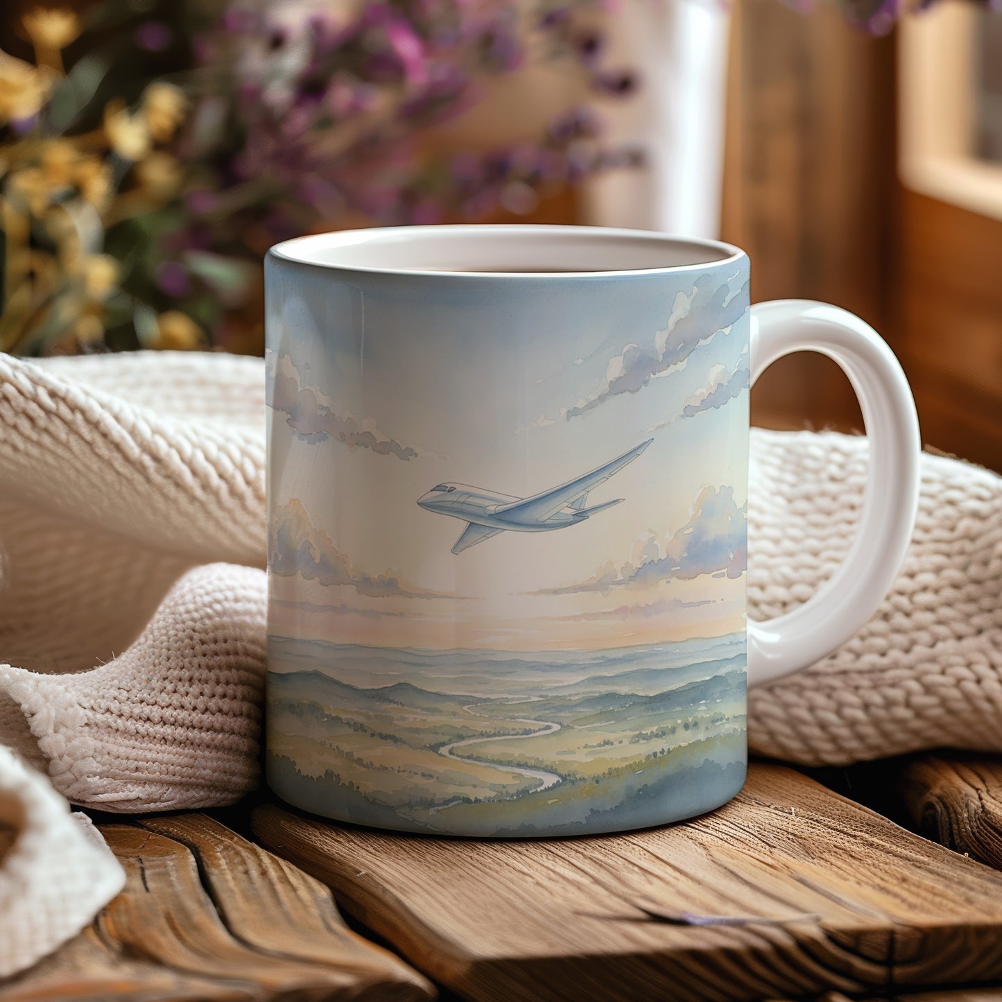 Hrnek s letadlem nad krajinou