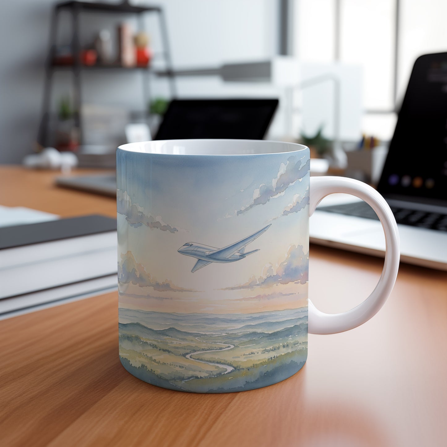 Hrnek s letadlem nad krajinou