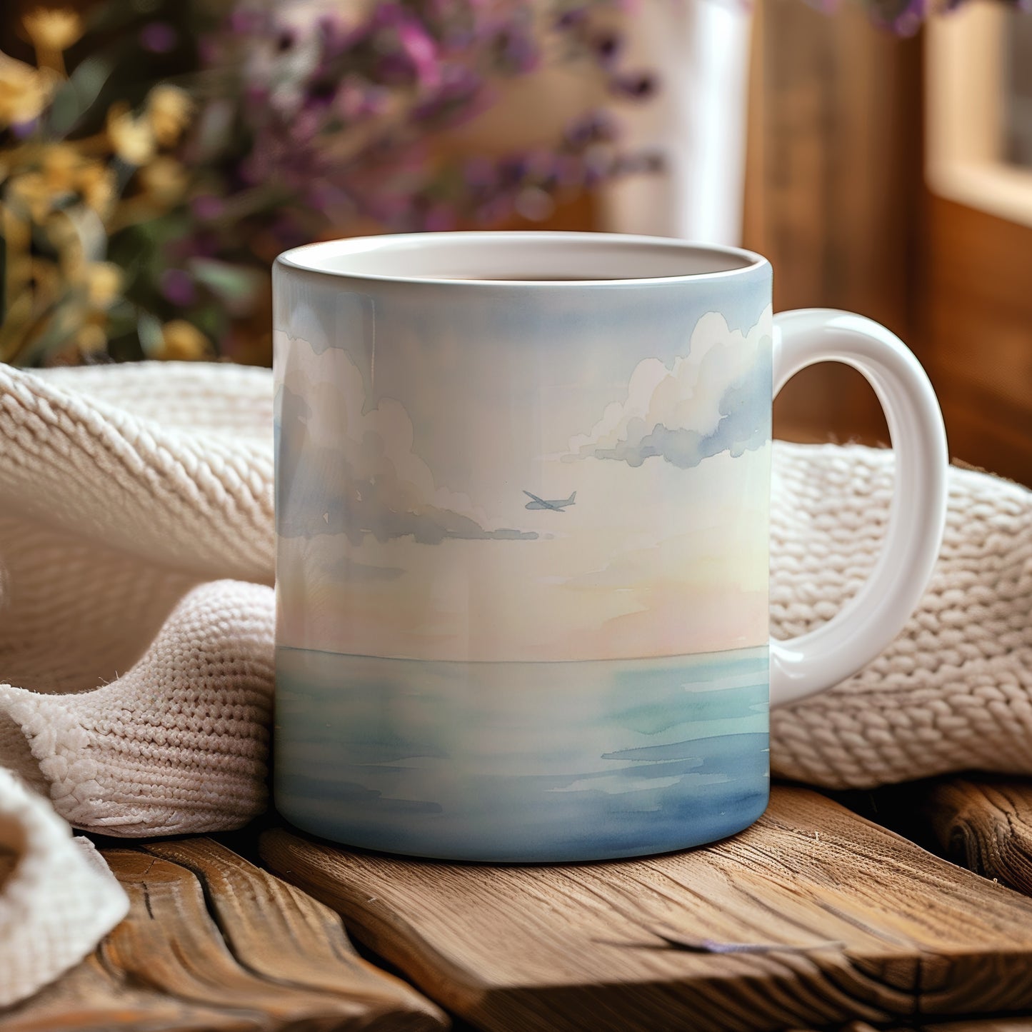 Hrnek s letadlem nad oceánem