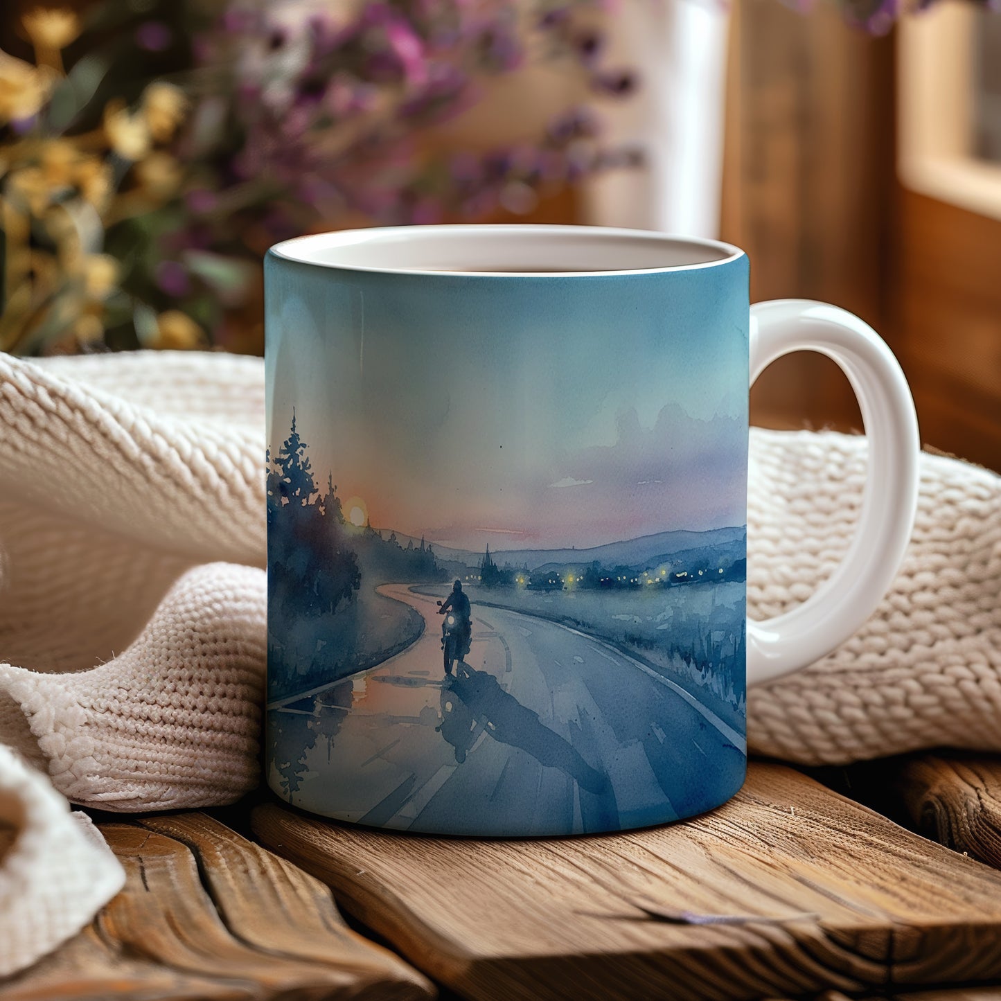 Hrnek s motorkou při západu slunce