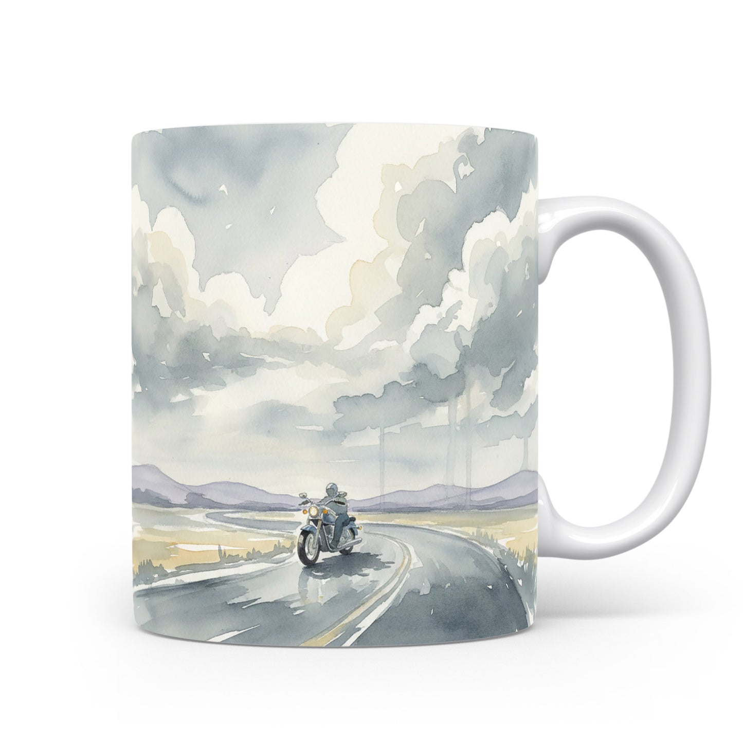 Motorka na otevřené silnici v akvarelu