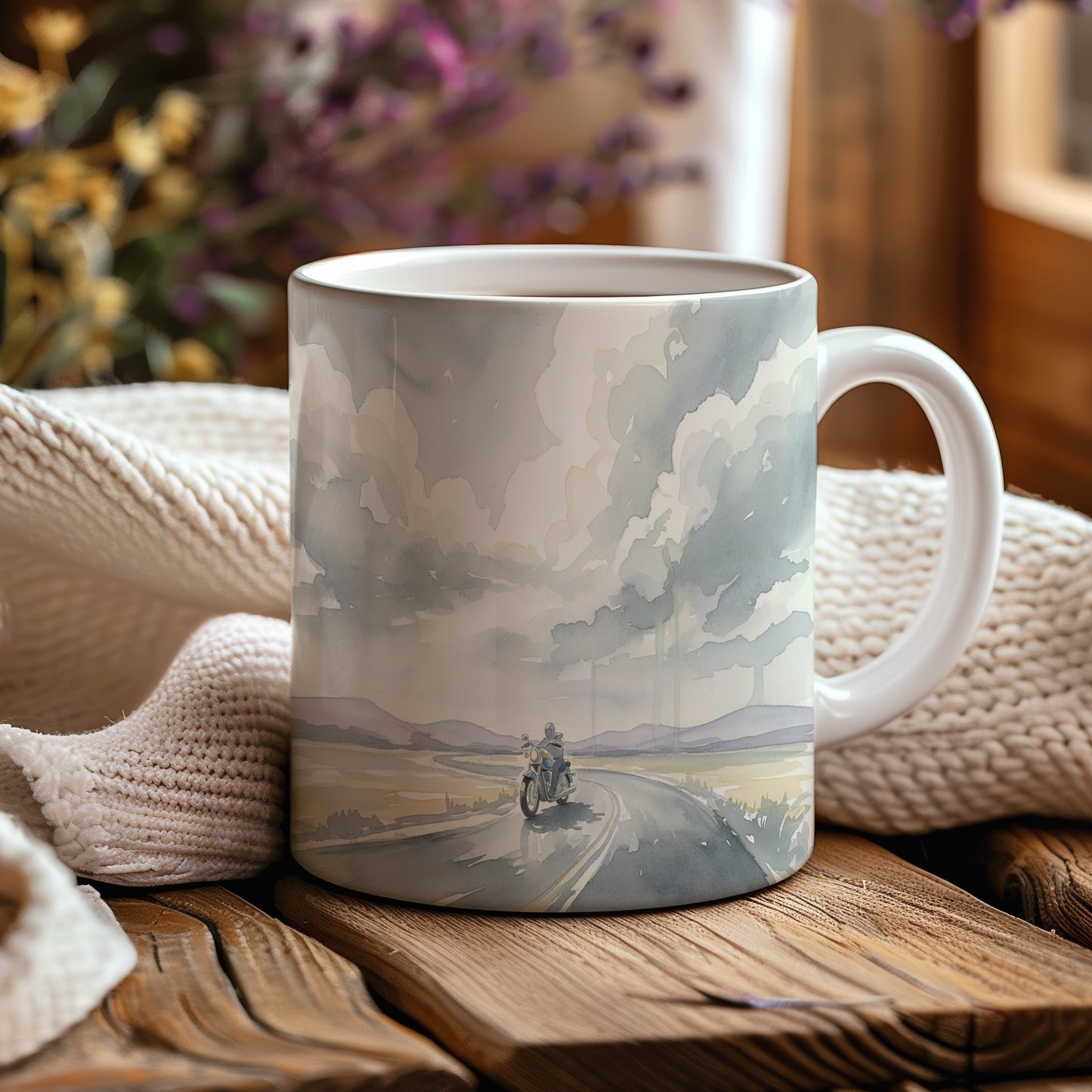 Hrnek s motorkou na otevřené silnici